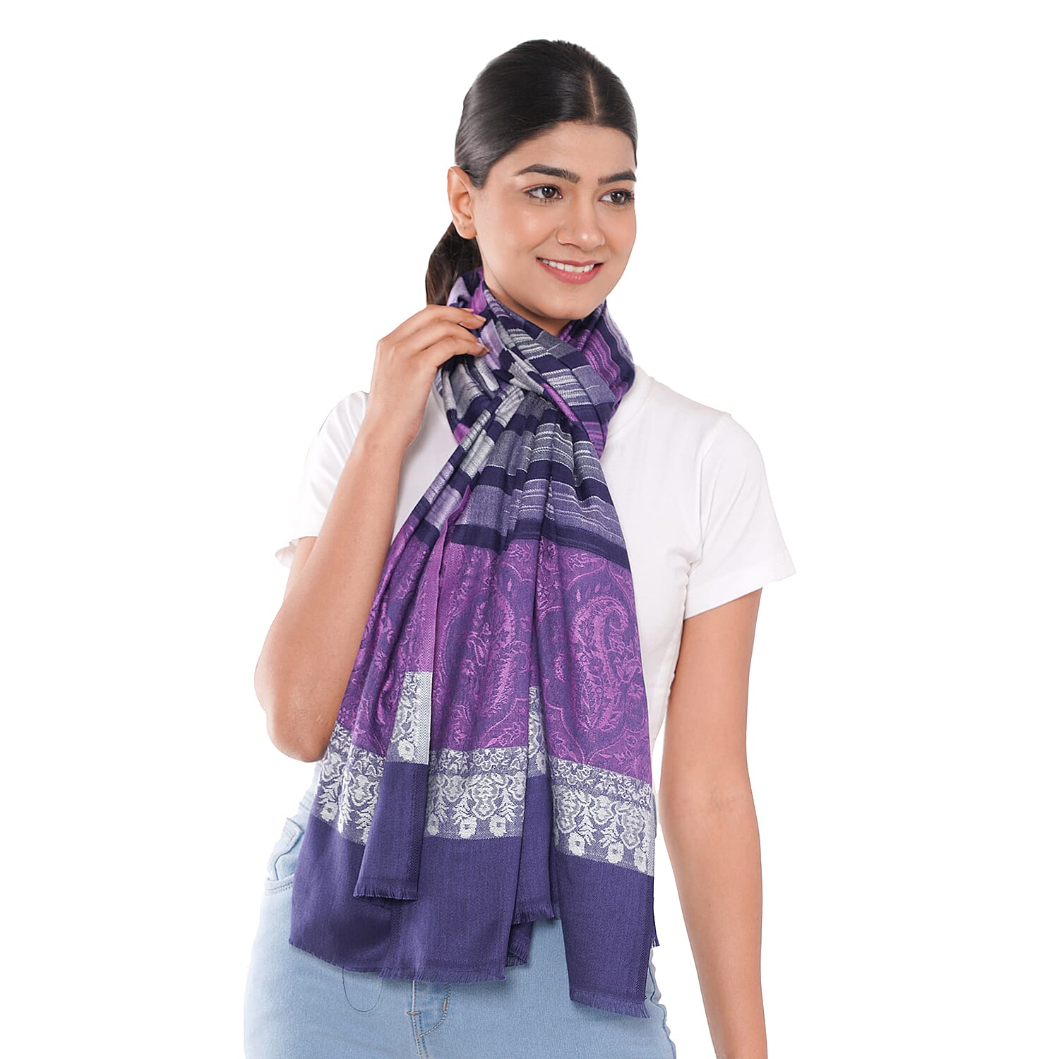LA MAREY Viscose Floral & Stripe Yarn Dyed Jacquard Scarf - Purple, Navy Blue & Cream