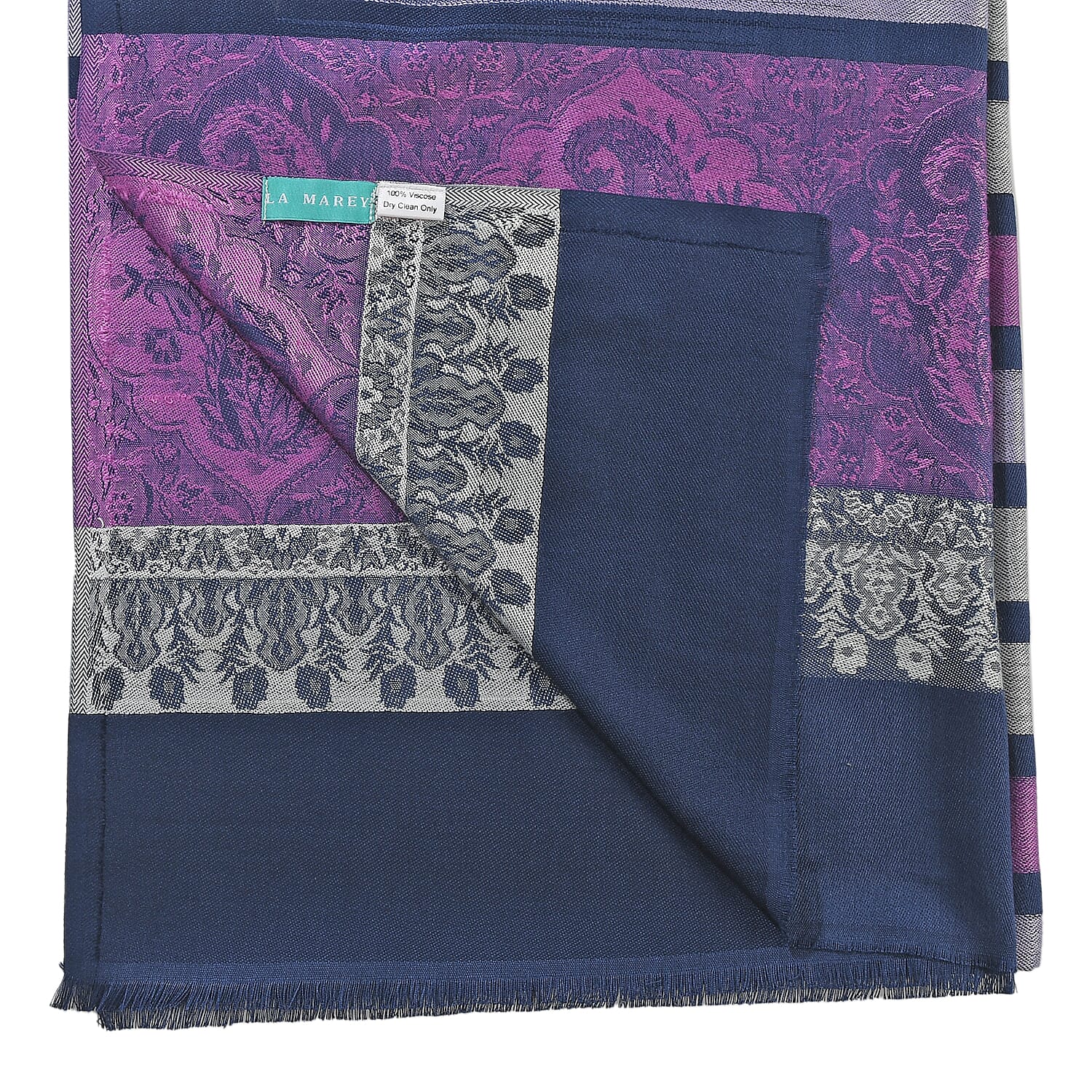 LA MAREY Viscose Floral & Stripe Yarn Dyed Jacquard Scarf - Purple, Navy Blue & Cream