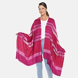 LA MAREY Viscose Floral & Stripe Yarn Dyed Jacquard Scarf - Purple, Navy Blue & Cream