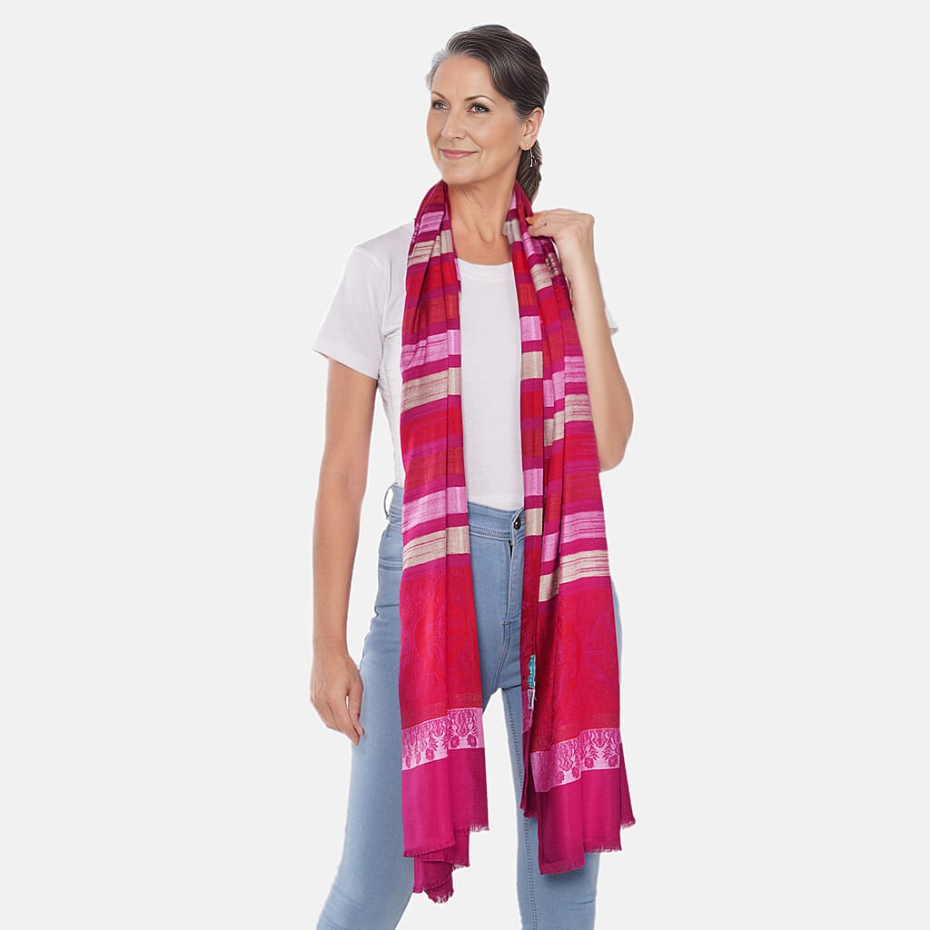 LA MAREY 100% Viscose Floral & Stripe Pattern Yarn Dyed Jacquard Scarf (Size 180x70 Cm) - Fuchsia, Red & Multi