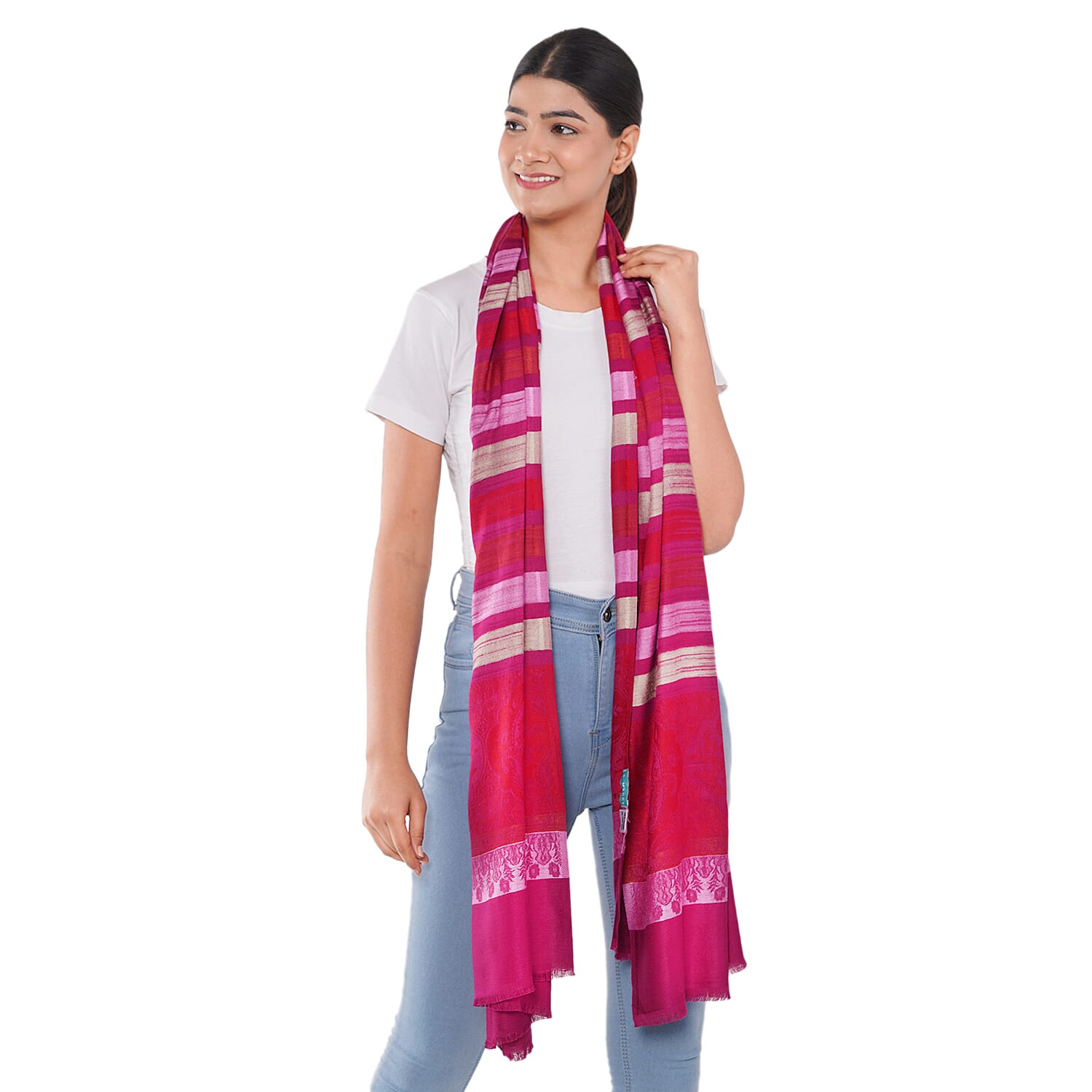 LA MAREY 100% Viscose Floral & Stripe Pattern Yarn Dyed Jacquard Scarf (Size 180x70 Cm) - Fuchsia, Red & Multi