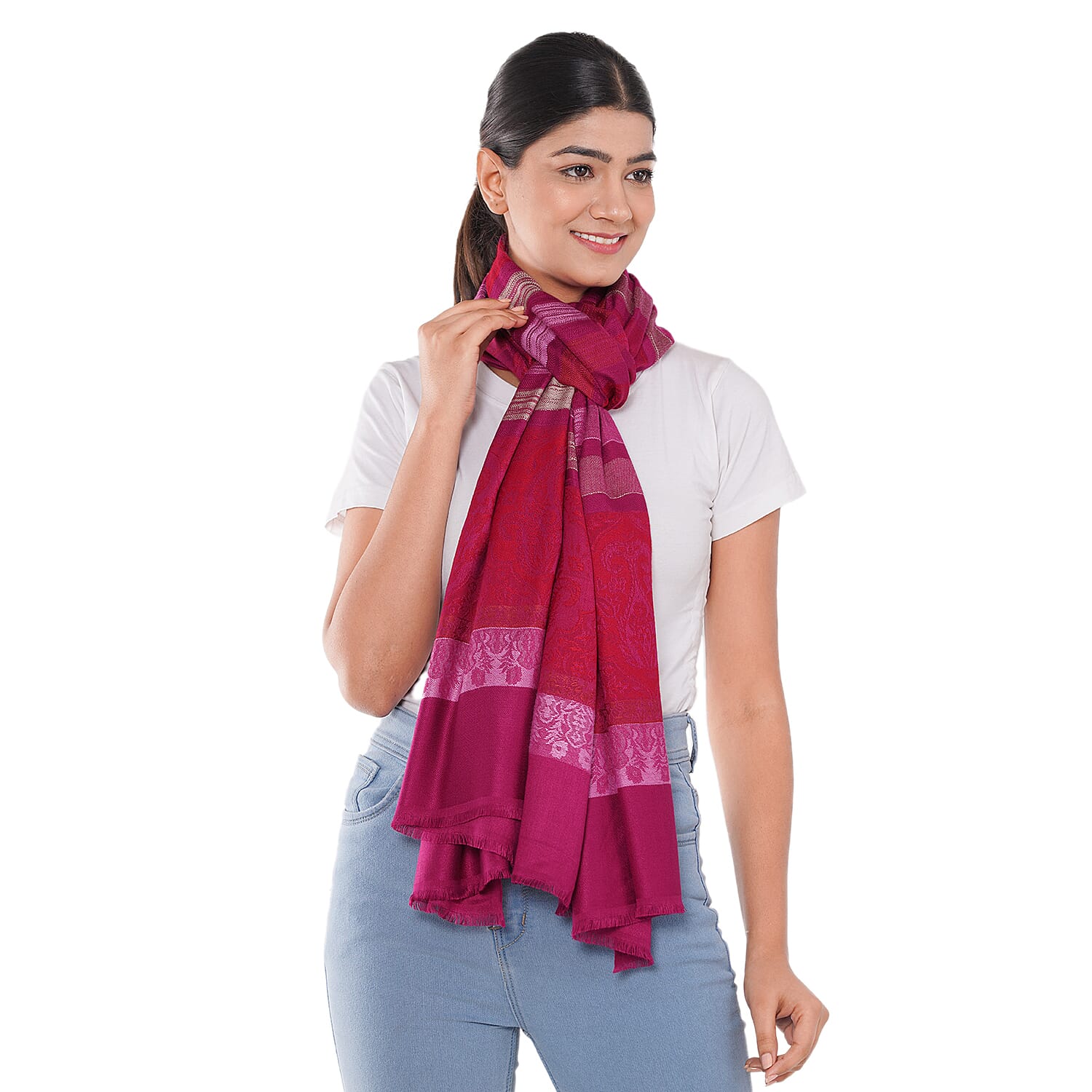 LA MAREY 100% Viscose Floral - Stripe Pattern Yarn Dyed Jacquard Scarf (Size 180x70 Cm) - Fuchsia, Red - Multi