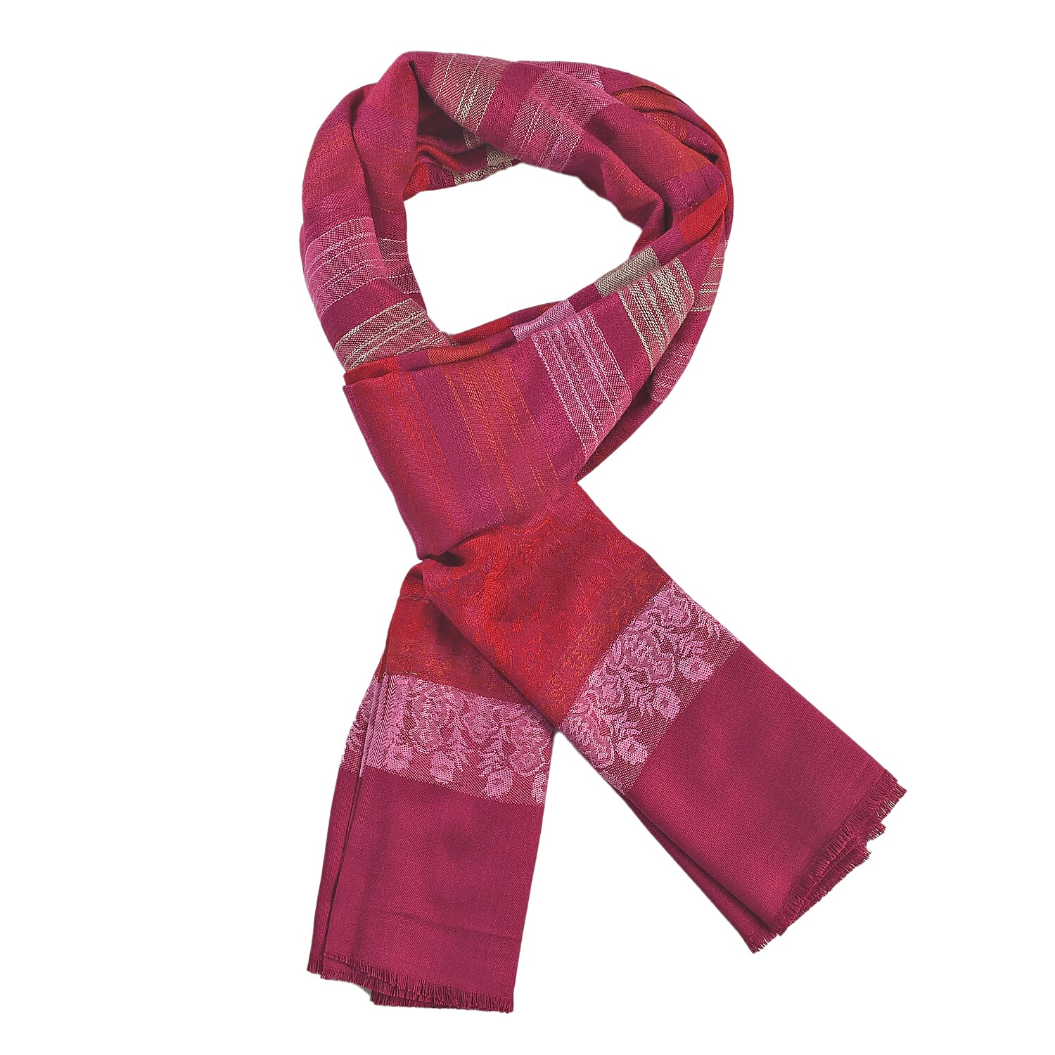 LA MAREY 100% Viscose Floral - Stripe Pattern Yarn Dyed Jacquard Scarf (Size 180x70 Cm) - Fuchsia, Red - Multi