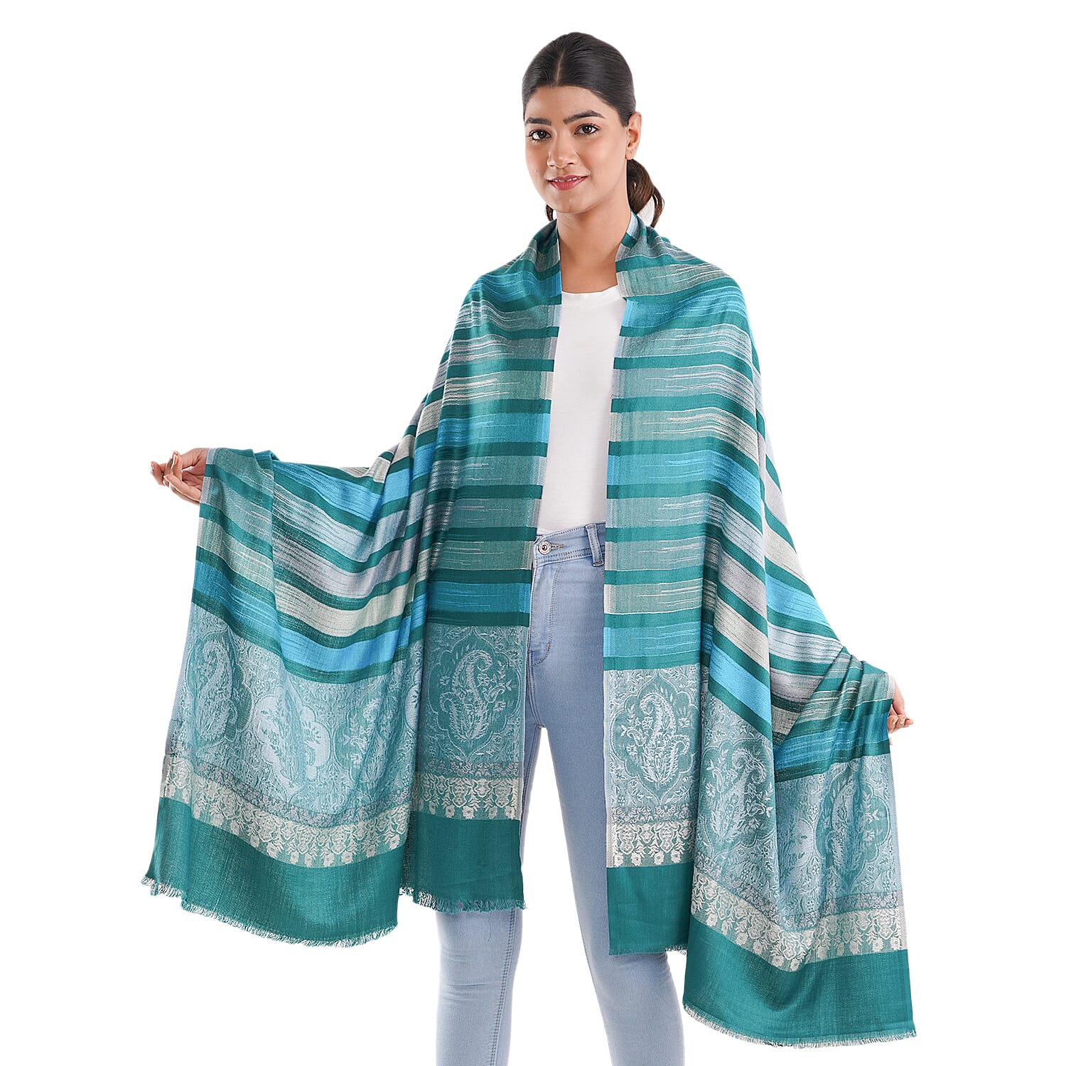 LA MAREY 100% Viscose Floral & Stripe Pattern Yarn Dyed Jacquard Scarf (Size 180x70 Cm)  - Green, Blue & Cream