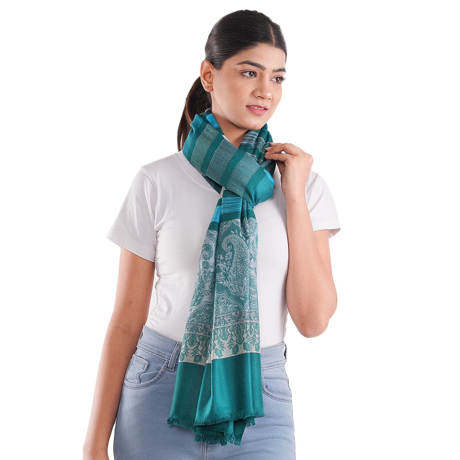 LA MAREY 100% Viscose Floral & Stripe Pattern Yarn Dyed Jacquard Scarf (Size 180x70 Cm)  - Green, Blue & Cream