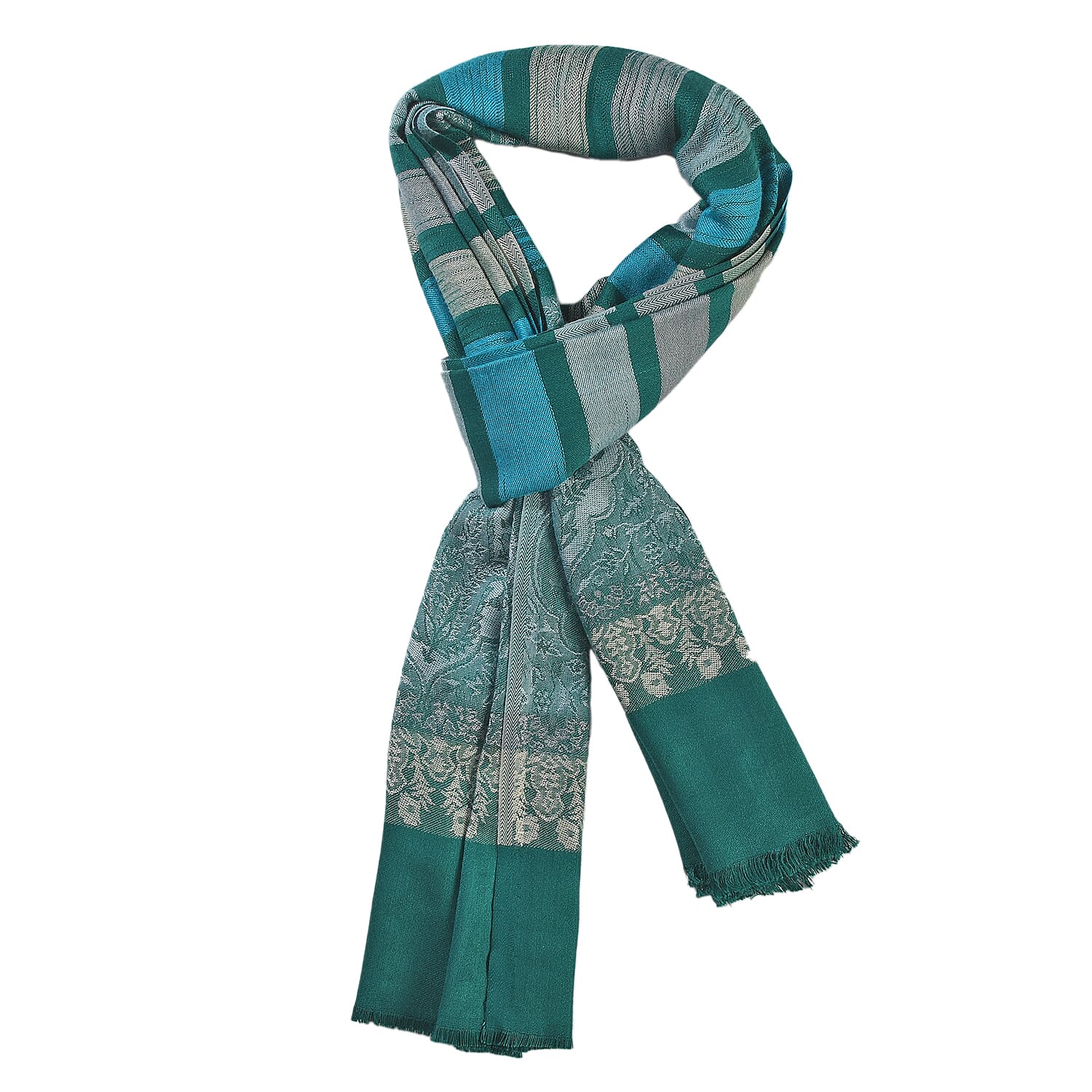 LA MAREY 100% Viscose Floral & Stripe Pattern Yarn Dyed Jacquard Scarf (Size 180x70 Cm)  - Green, Blue & Cream