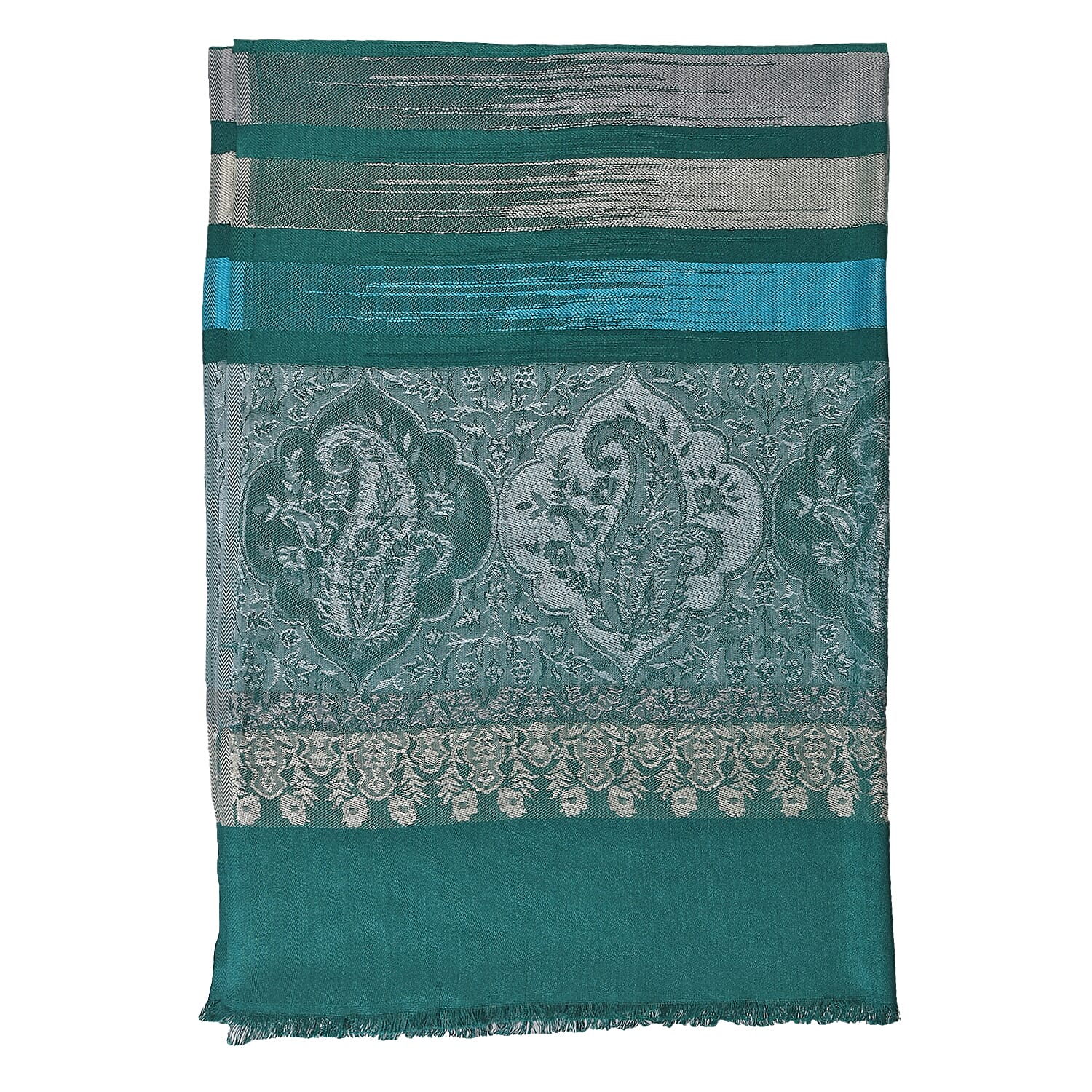 LA MAREY 100% Viscose Floral & Stripe Pattern Yarn Dyed Jacquard Scarf (Size 180x70 Cm)  - Green, Blue & Cream