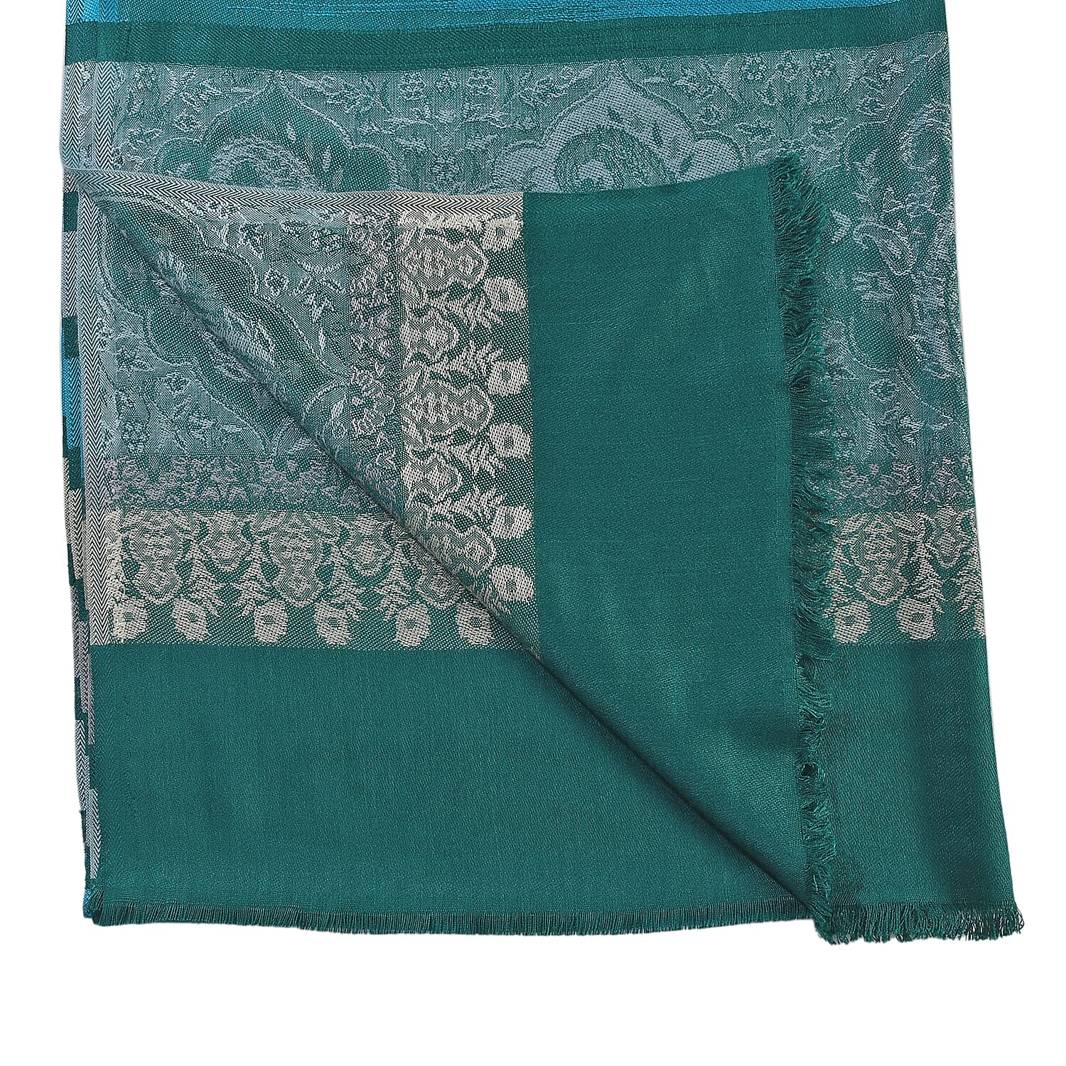 LA MAREY 100% Viscose Floral & Stripe Pattern Yarn Dyed Jacquard Scarf (Size 180x70 Cm)  - Green, Blue & Cream