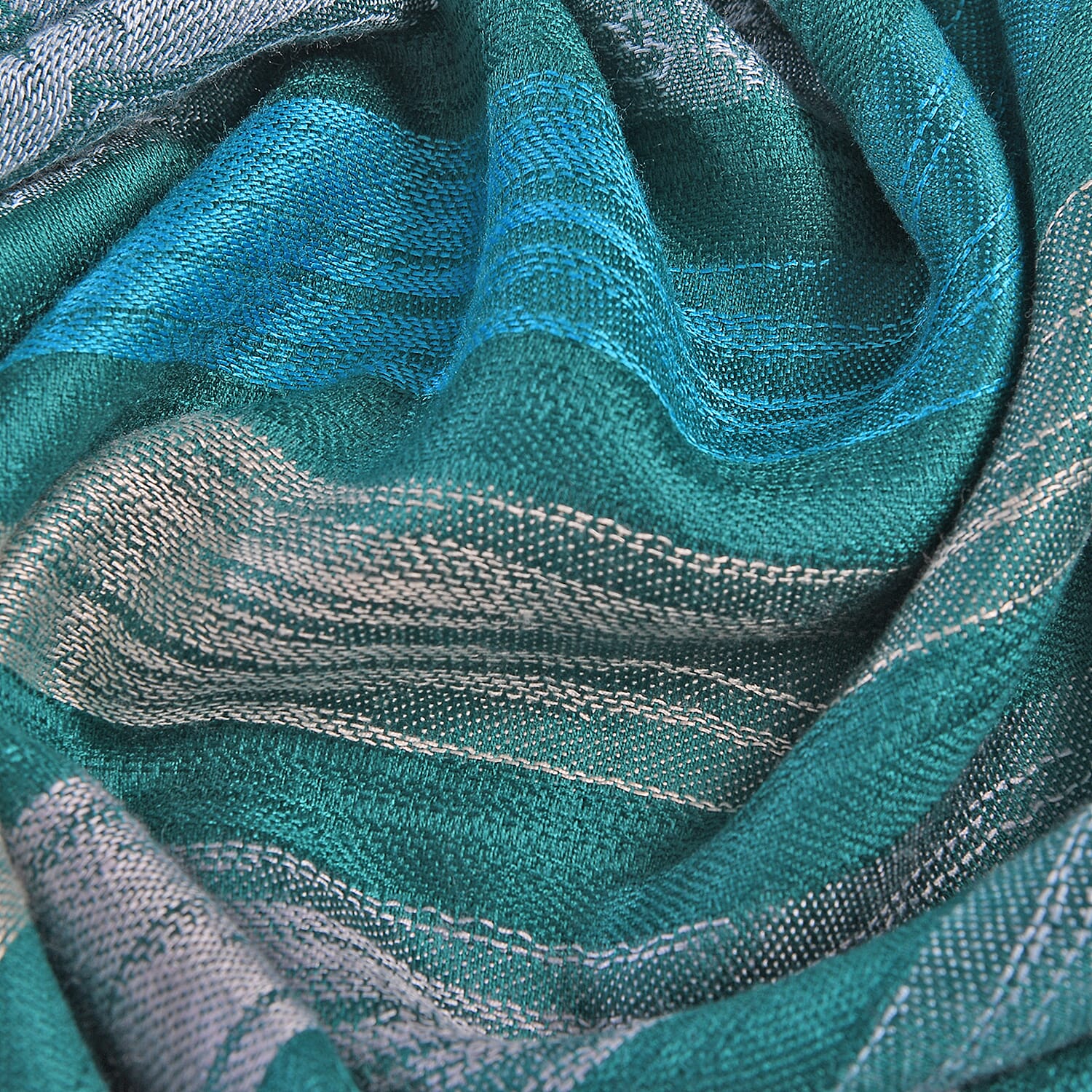 LA MAREY 100% Viscose Floral & Stripe Pattern Yarn Dyed Jacquard Scarf (Size 180x70 Cm)  - Green, Blue & Cream