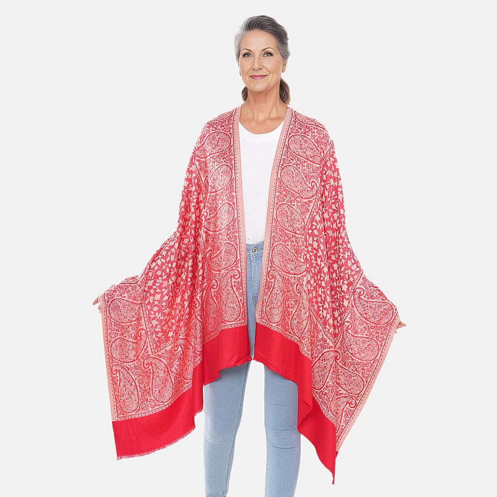 LA MAREY 100% Viscose Leaf Pattern Yarn Dyed Jacquard Scarf (Size 180x70 Cm)  - Red & Cream