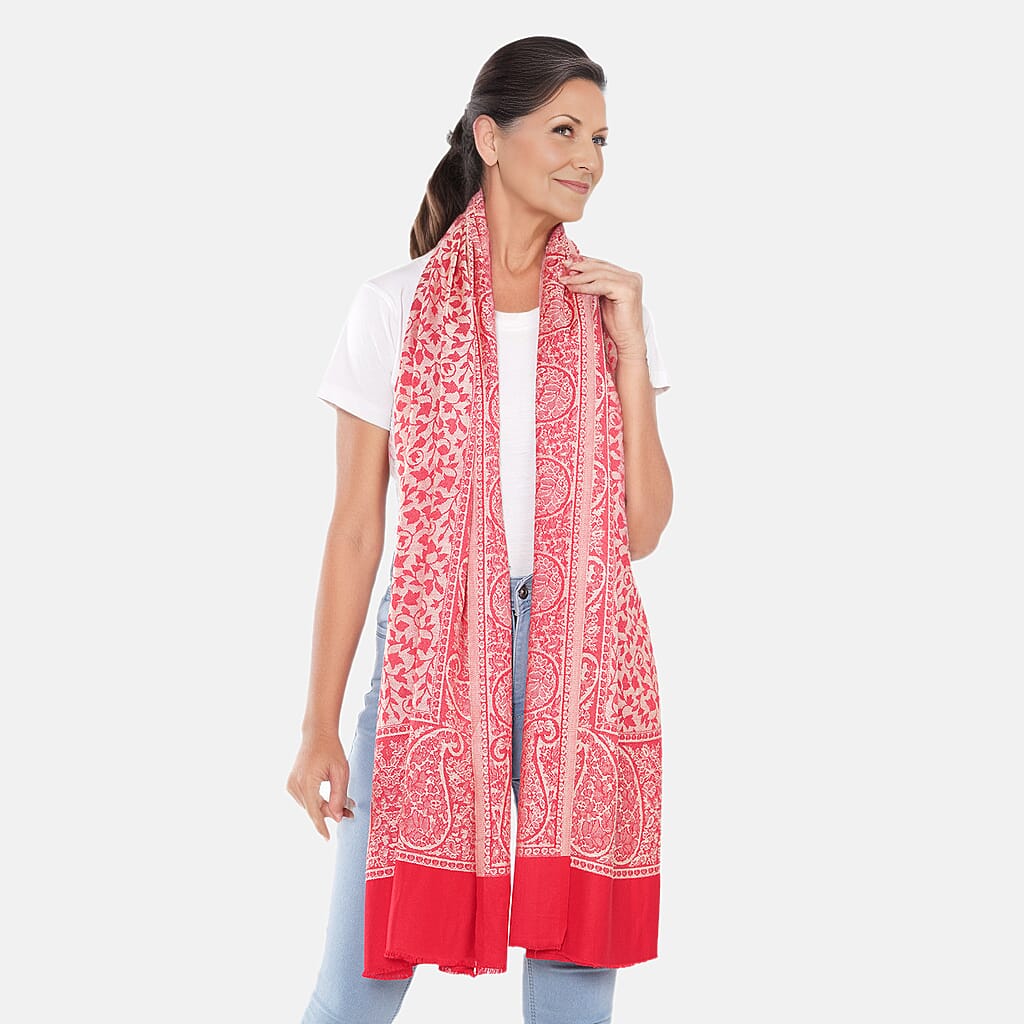 LA MAREY 100% Viscose Leaf Pattern Yarn Dyed Jacquard Scarf (Size 180x70 Cm)  - Red & Cream