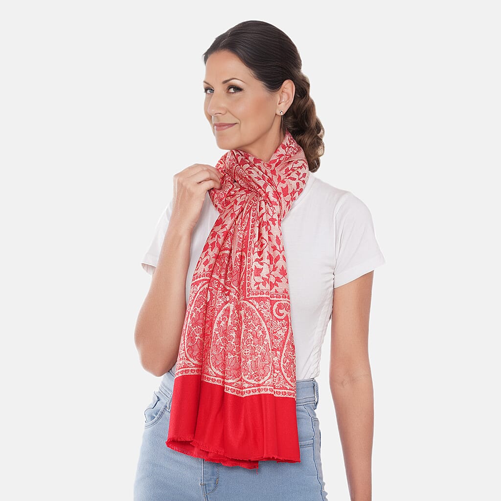 LA MAREY 100% Viscose Leaf Pattern Yarn Dyed Jacquard Scarf (Size 180x70 Cm)  - Red & Cream