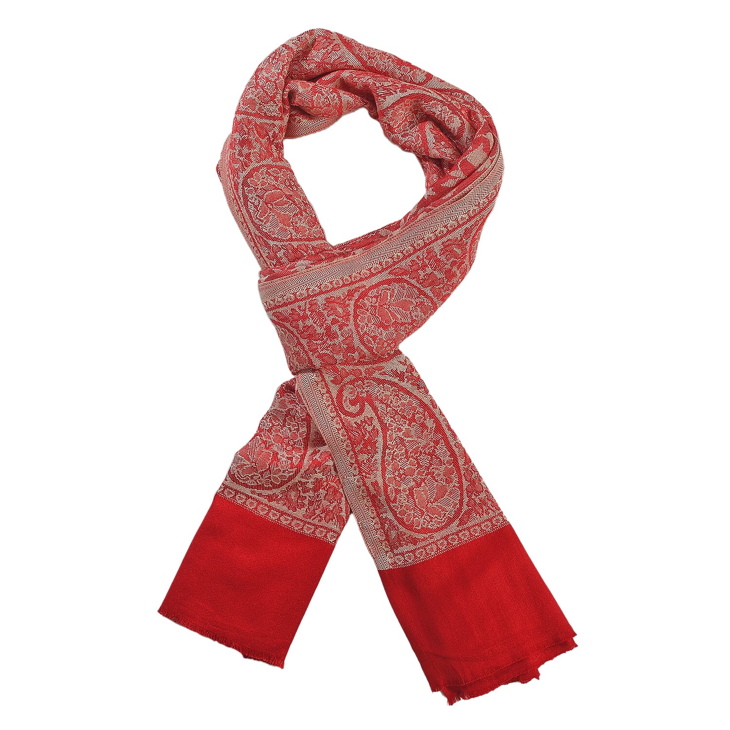 LA MAREY 100% Viscose Leaf Pattern Yarn Dyed Jacquard Scarf (Size 180x70 Cm)  - Red & Cream