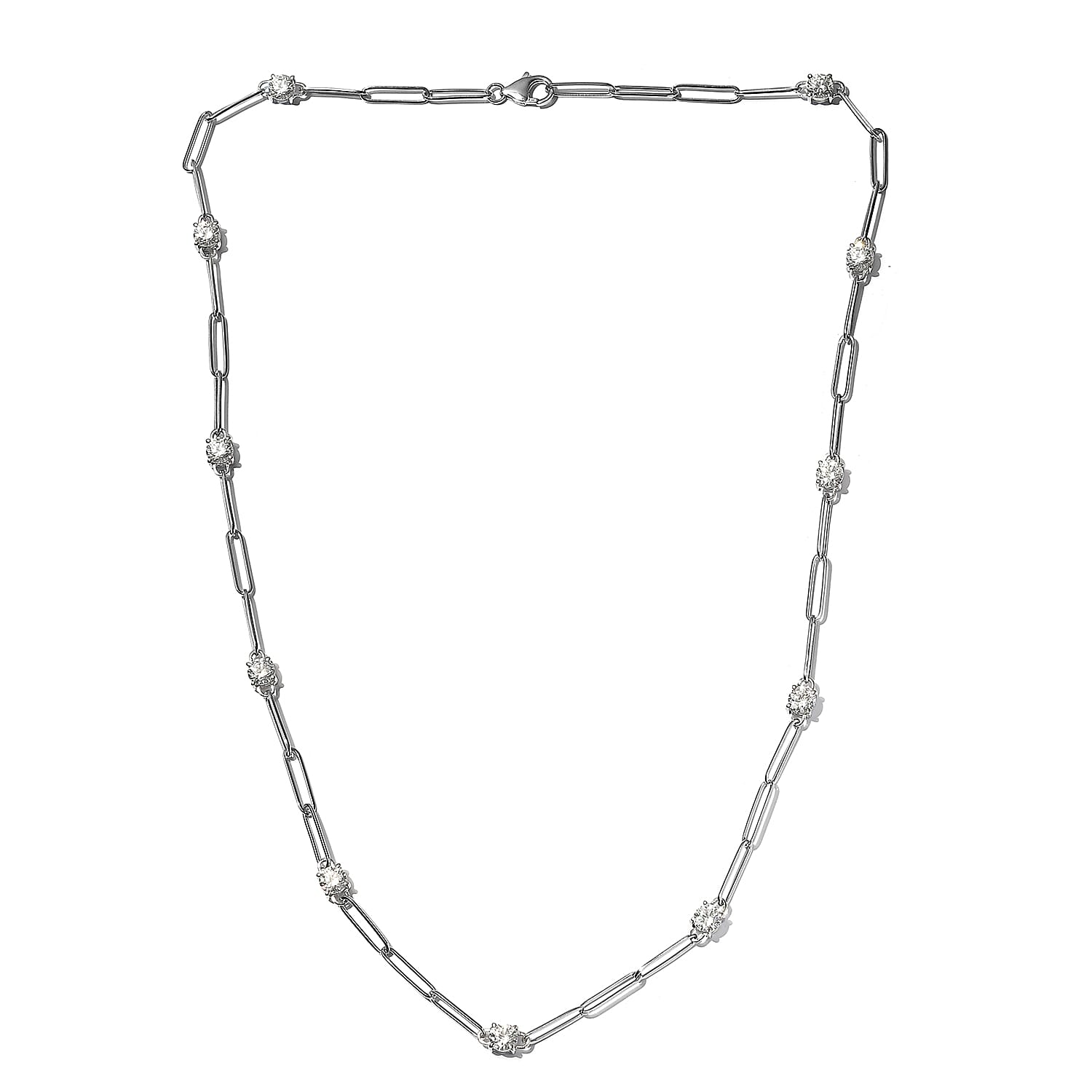 Lustro Stella Platinum Overlay Sterling Silver Paperclip Station Necklace (Size 24) Made with Finest CZ
