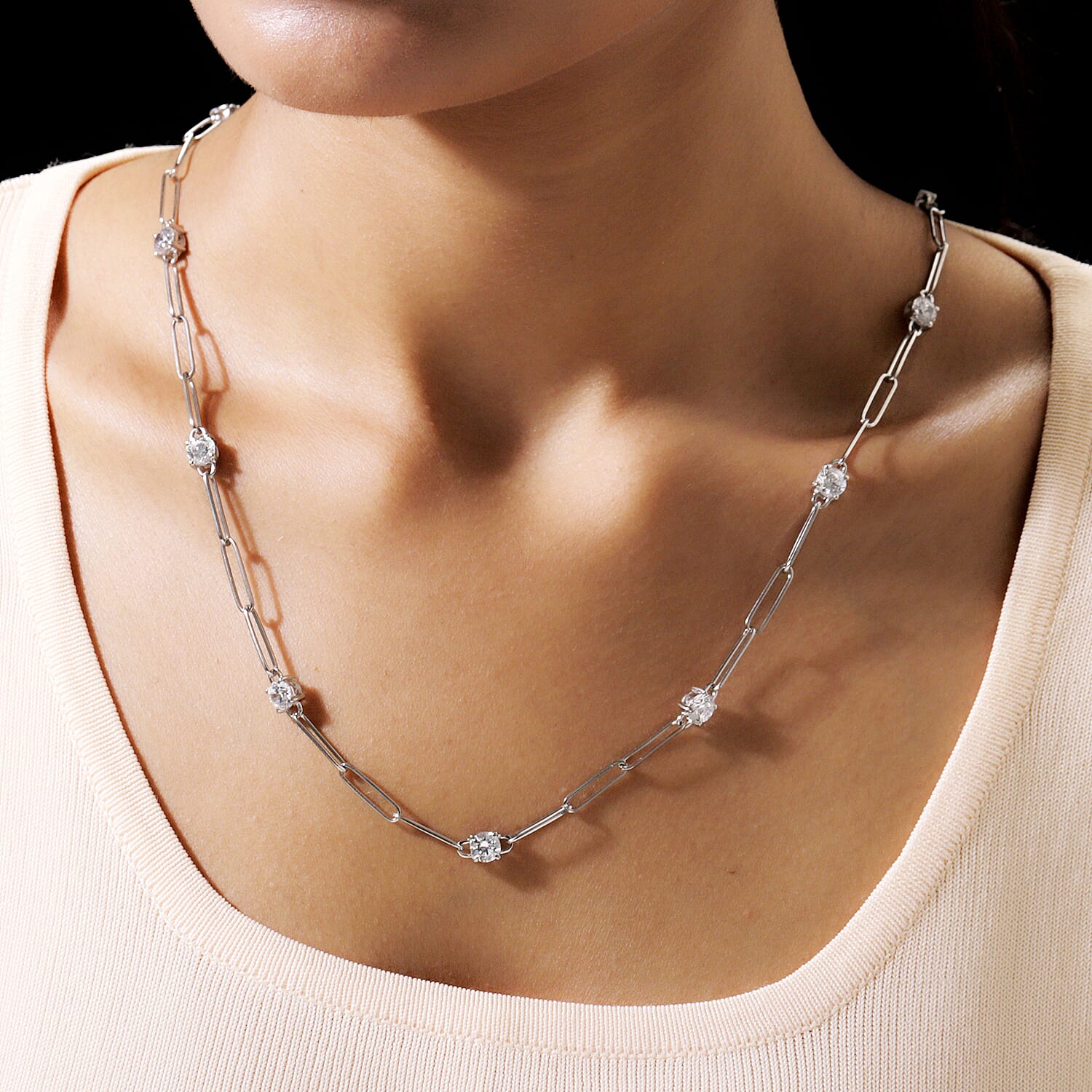 Lustro Stella Platinum Overlay Sterling Silver Paperclip Station Necklace (Size 24) Made with Finest CZ