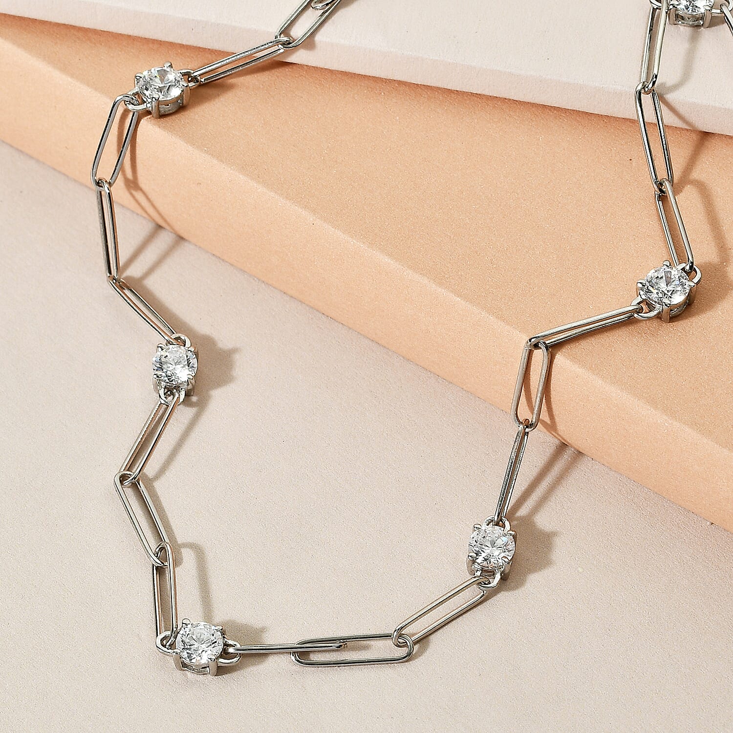 Lustro Stella Platinum Overlay Sterling Silver Paperclip Station Necklace (Size 24) Made with Finest CZ