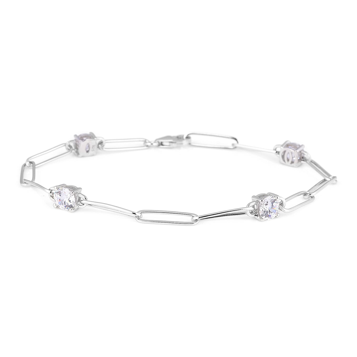 Lustro Stella Platinum Overlay Sterling Silver Paperclip Station Bracelet (Size - 6.5 to 8.25) Made With Finest CZ