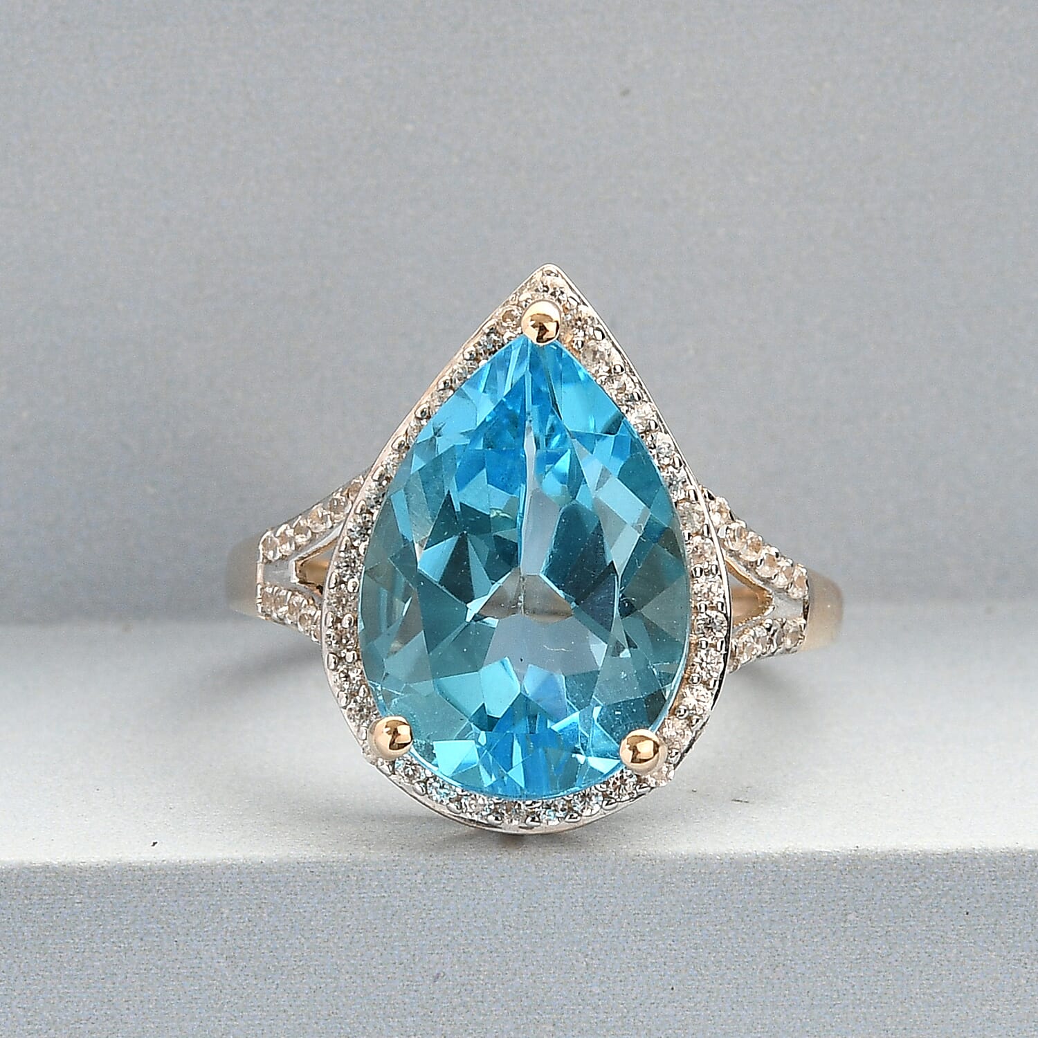 9K Yellow Gold Swiss Blue Topaz and Natural Cambodian Zircon Ring 6.40 Ct.