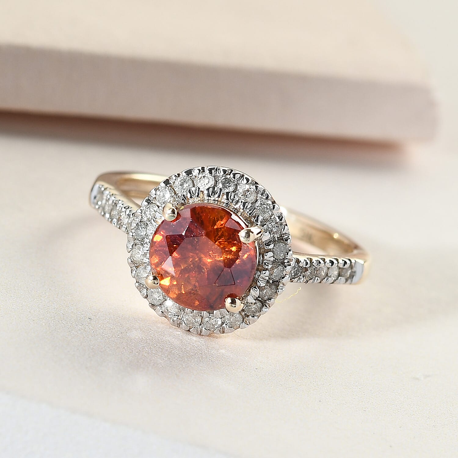 TJC Launch- 9K Yellow Gold AAA Red Sphalerite and Diamond Halo Ring 2.15 Ct.