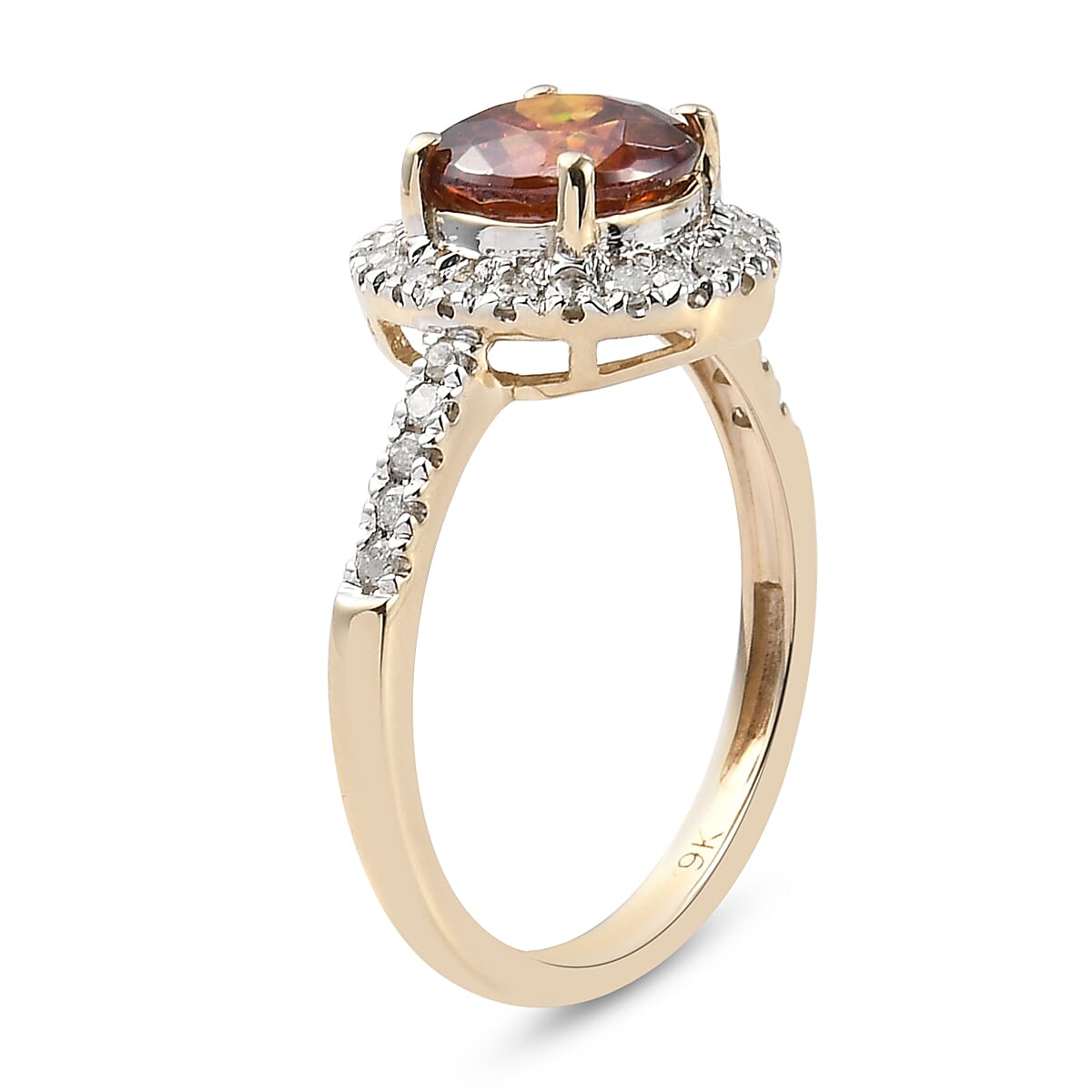 TJC Launch- 9K Yellow Gold AAA Red Sphalerite and Diamond Halo Ring 2.15 Ct.