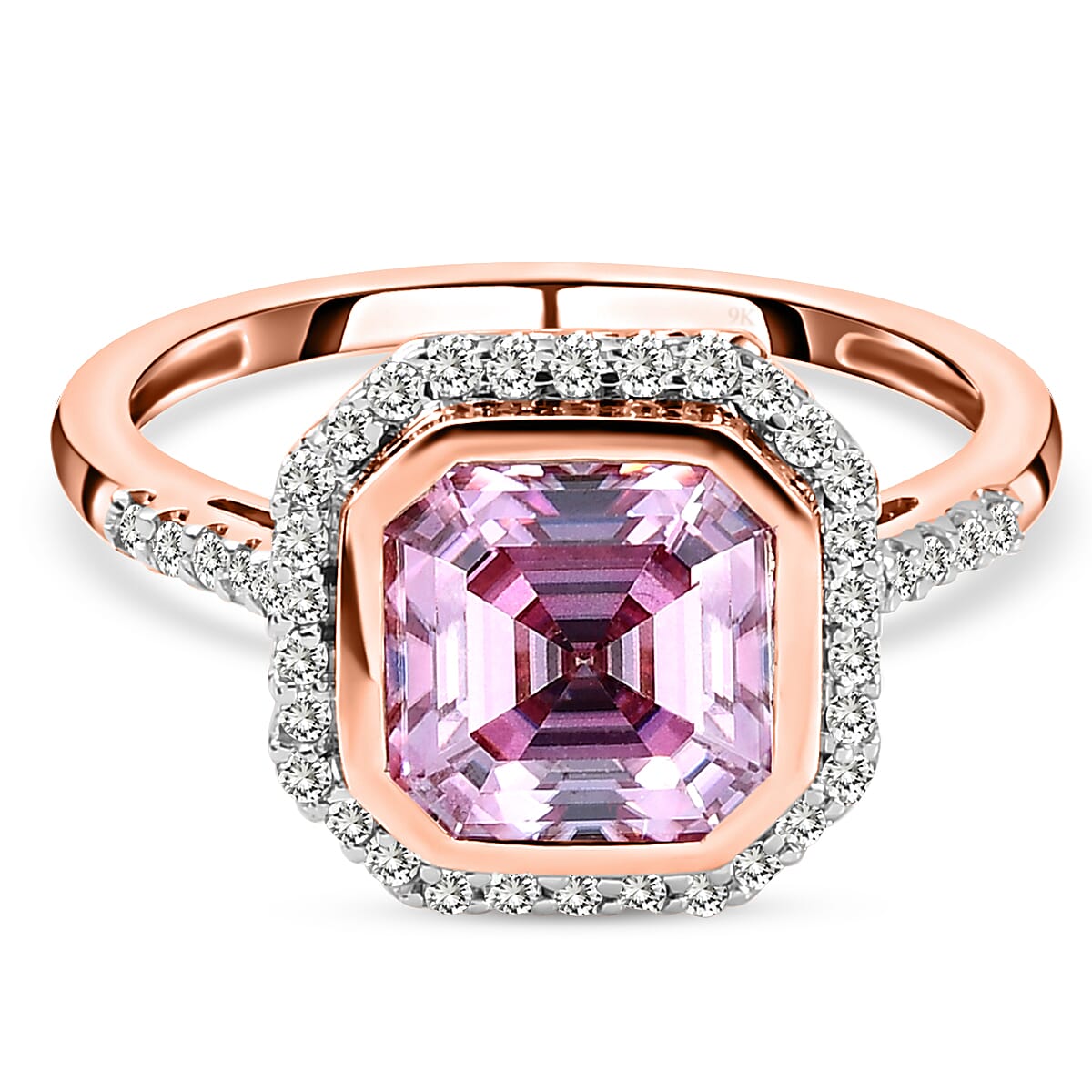The Pink Star 9K Rose Gold Pink Moissanite (Asscher Cut) and White Moissanite Ring 3.09 Ct.