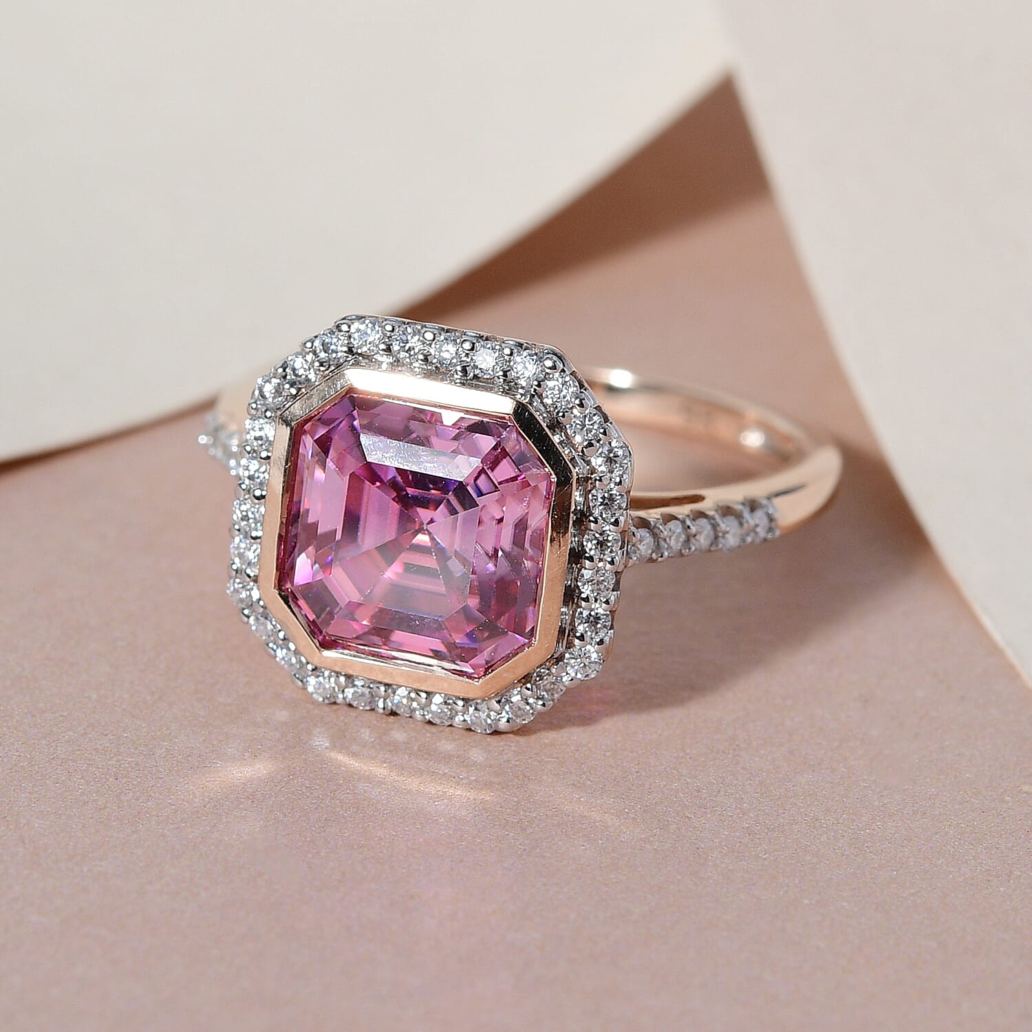 The Pink Star 9K Rose Gold Pink Moissanite (Asscher Cut) and White Moissanite Ring 3.09 Ct.