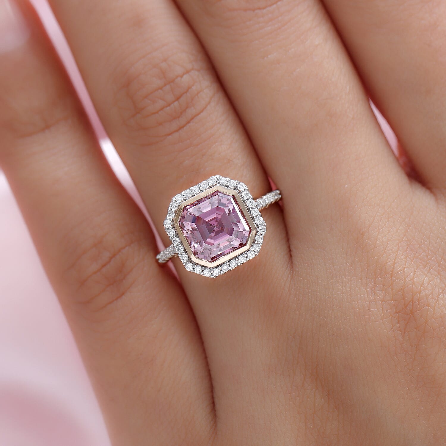 The Pink Star 9K Rose Gold Pink Moissanite (Asscher Cut) and White Moissanite Ring 3.09 Ct.