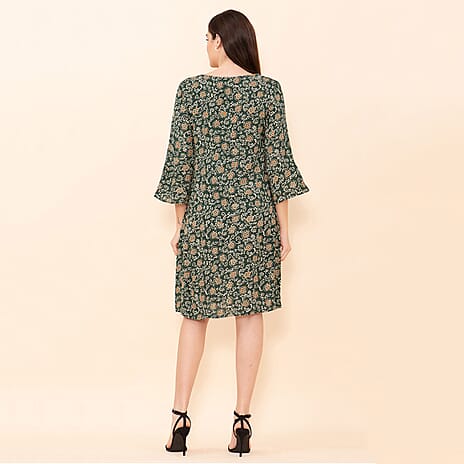 TAMSY 100% Viscose Floral Pattern Midi Dress (Size 14) - Dark Green