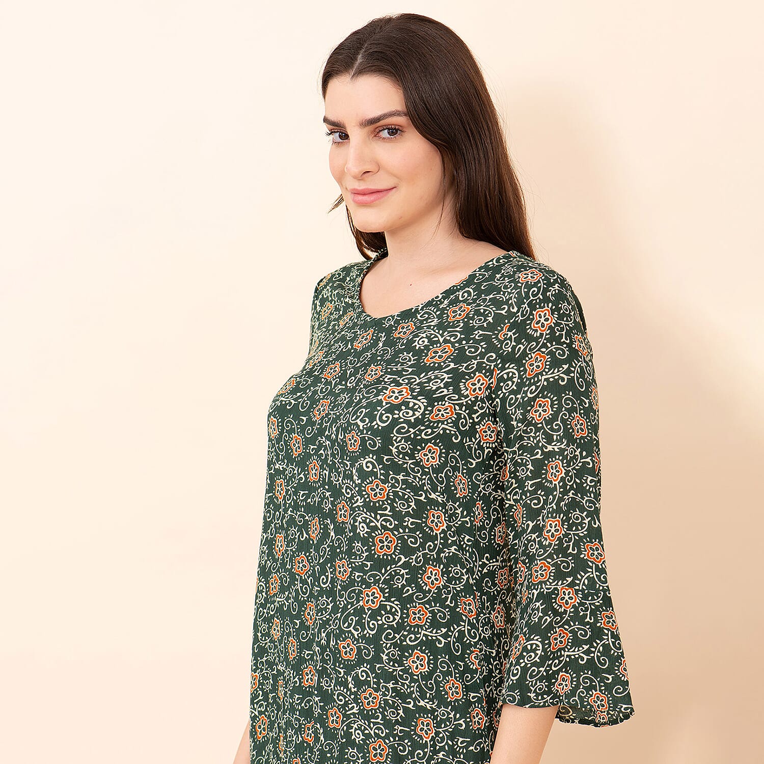 TAMSY 100% Viscose Floral Pattern Midi Dress (Size 14) - Dark Green