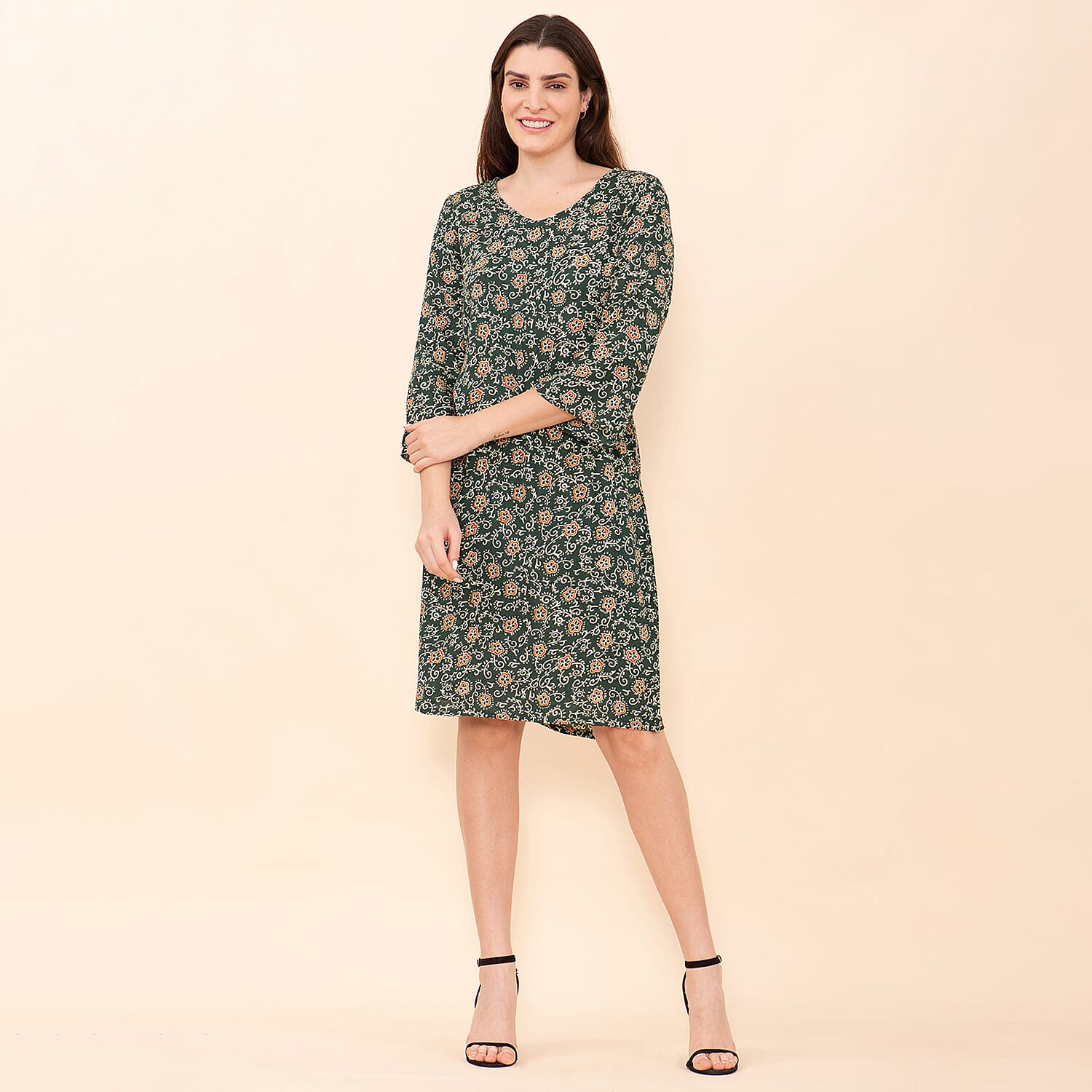 TAMSY 100% Viscose Floral Pattern Midi Dress (Size 14) - Dark Green