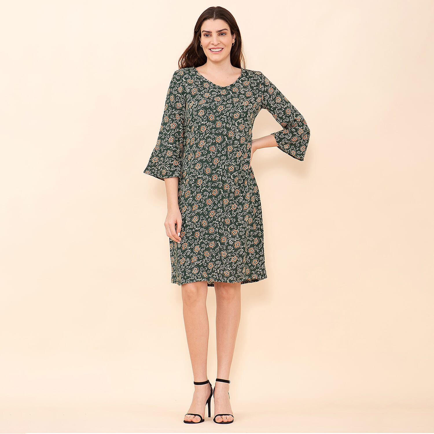 TAMSY 100% Viscose Floral Pattern Midi Dress (Size 14) - Dark Green