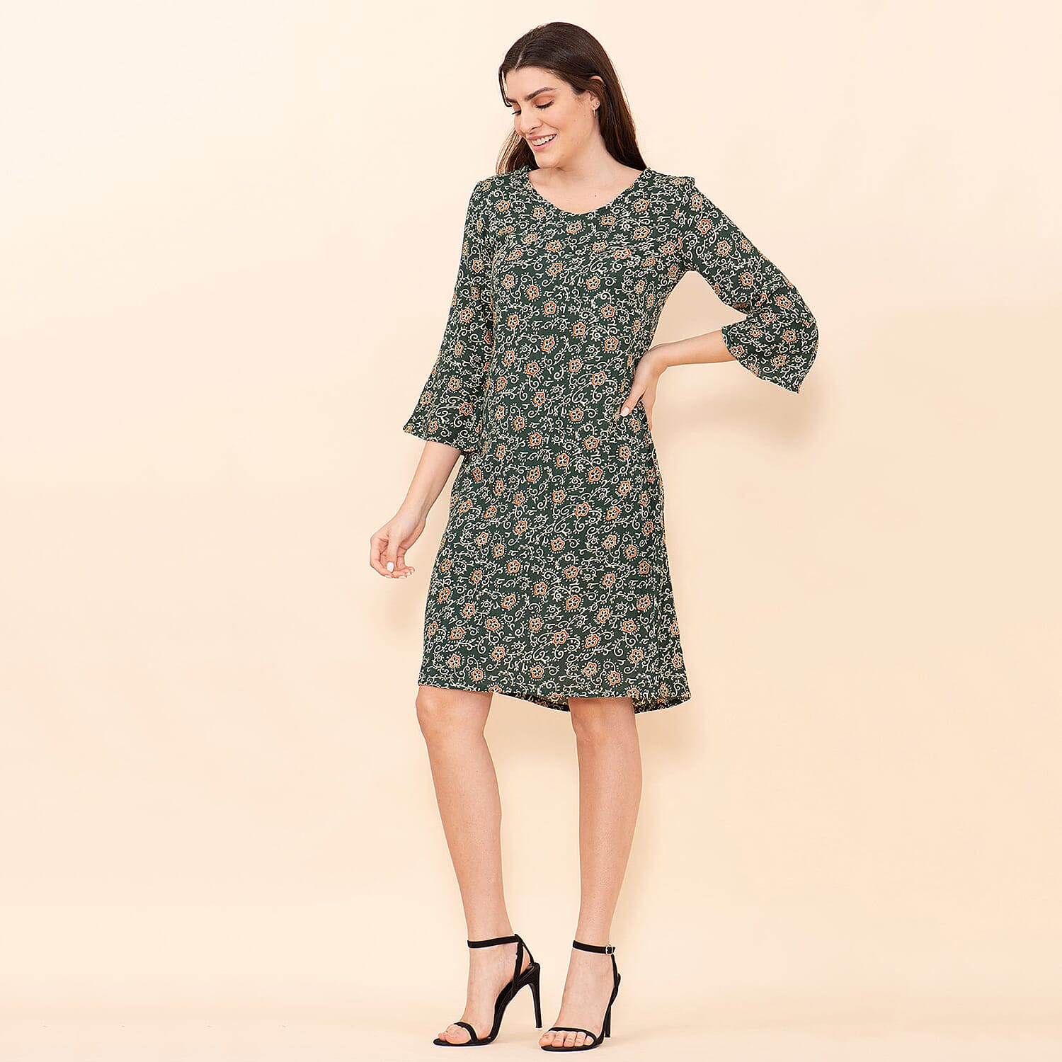 TAMSY 100% Viscose Floral Pattern Midi Dress (Size 14) - Dark Green