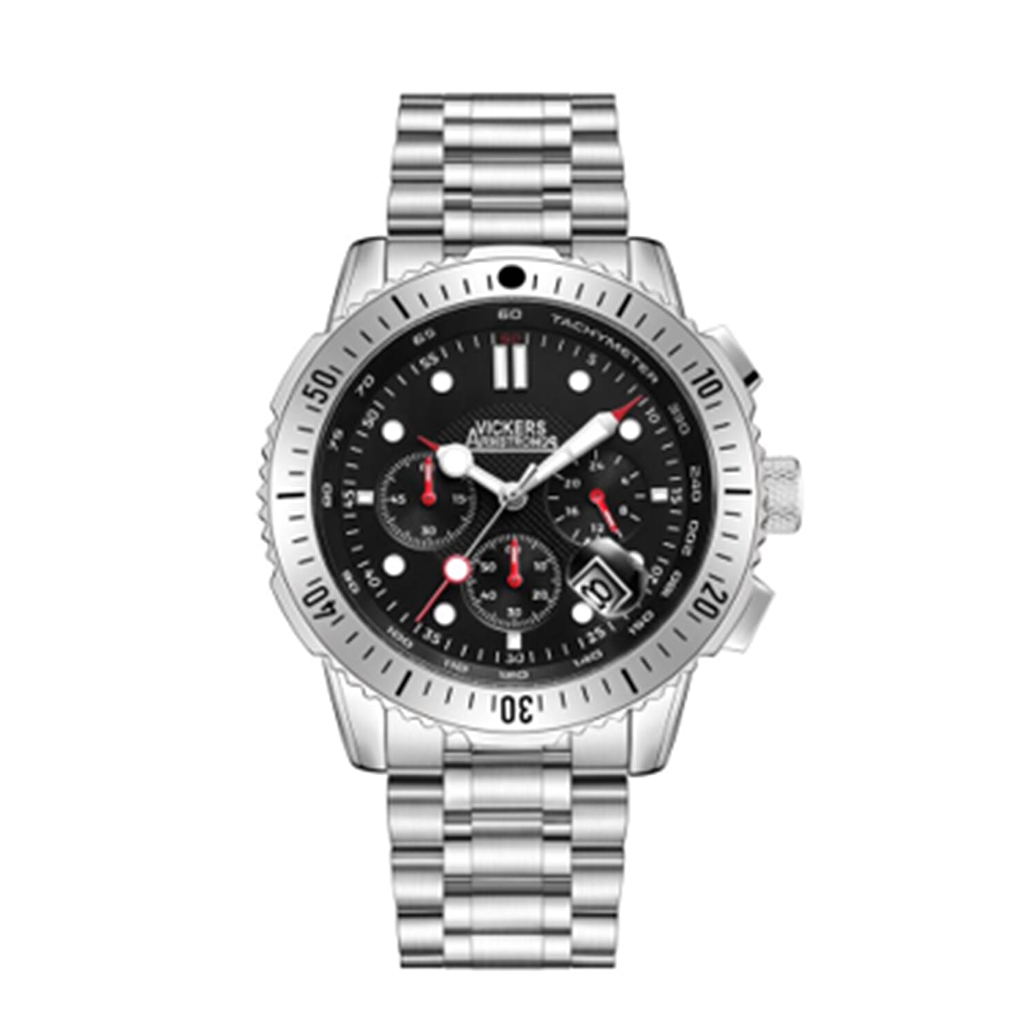 VICKERS ARMSTRONGS Limited Edition Hand Assembled Grandeur Chronograph Movement Black Dial Water Resistant Watch with Silver Colour Chain Strap