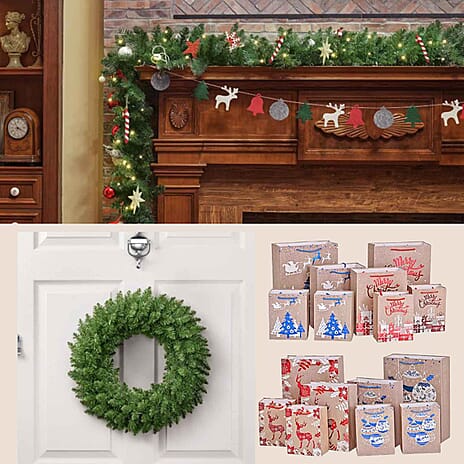 The Ultimate All-In-One Christmas Décor Bundle (Inc 2x 90cm trees, 60cm wreath, 270cm Garland, 70pc Ornaments Set, 16 Gift Bags & 40pc Hooks