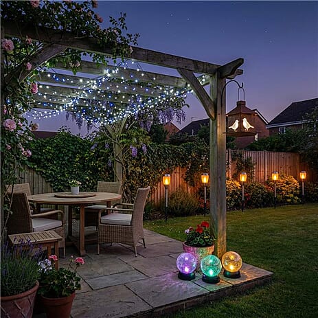 4-Piece Solar & Outdoor Lighting Bundle &ndash; Garden Globes, Lanterns, Bird Feeder & String Lights