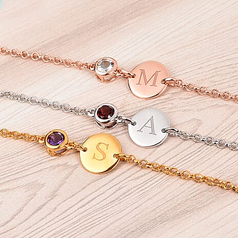 Personalised Engravable Initial and Birthstone Bracelet in Silver