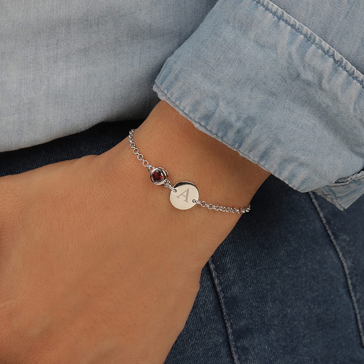 Personalised Engravable Initial and Birthstone Bracelet in Silver