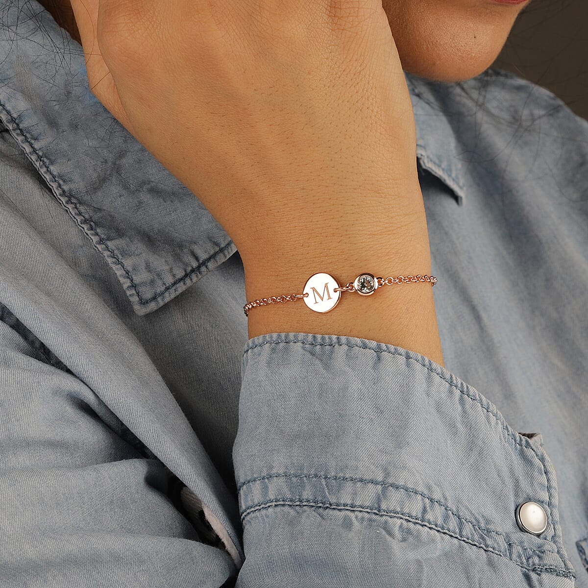 Personalised Engravable Initial and Birthstone Bracelet in Silver