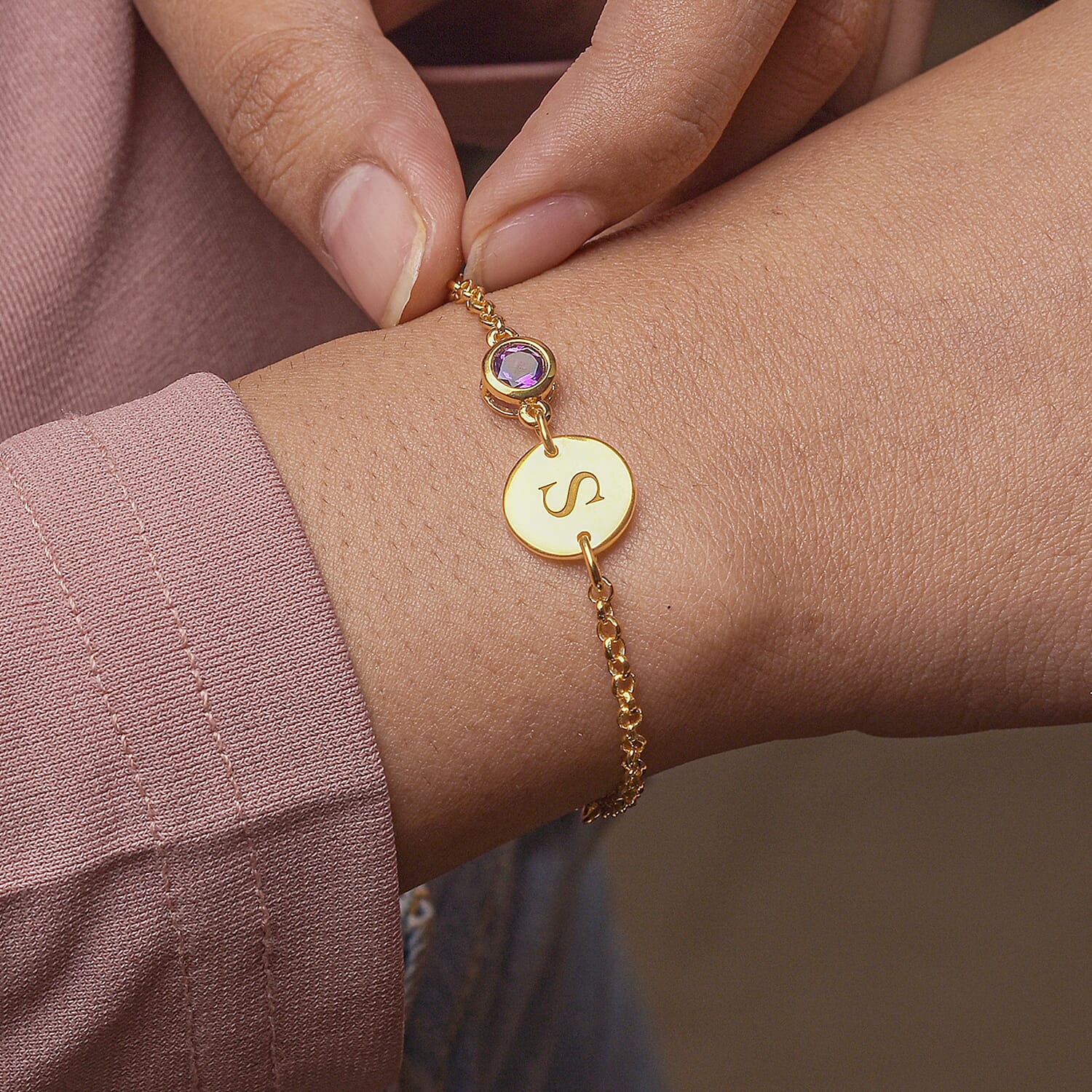 Personalised Engravable Initial and Birthstone Bracelet in Silver