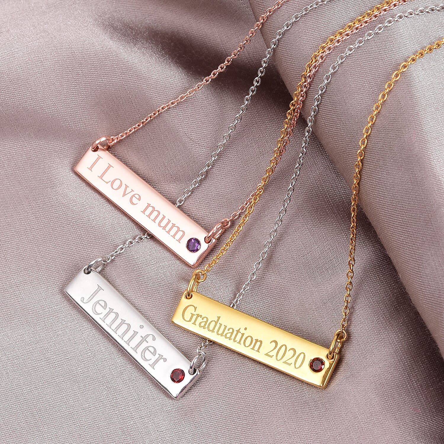 Personalised Engraved Name and Birthstone Necklace with Chain in Silver