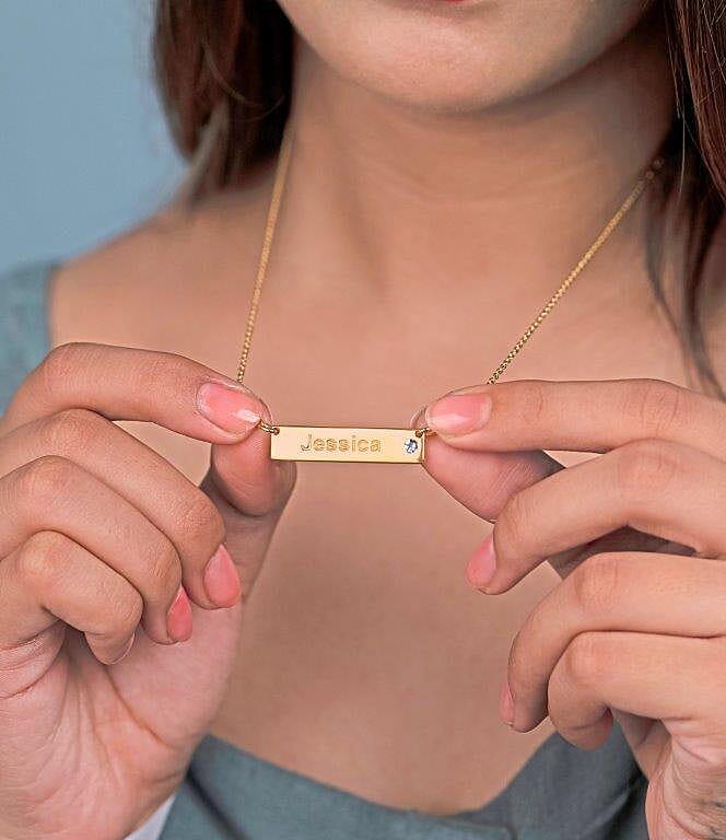 Personalised Engraved Name and Birthstone Necklace with Chain in Silver