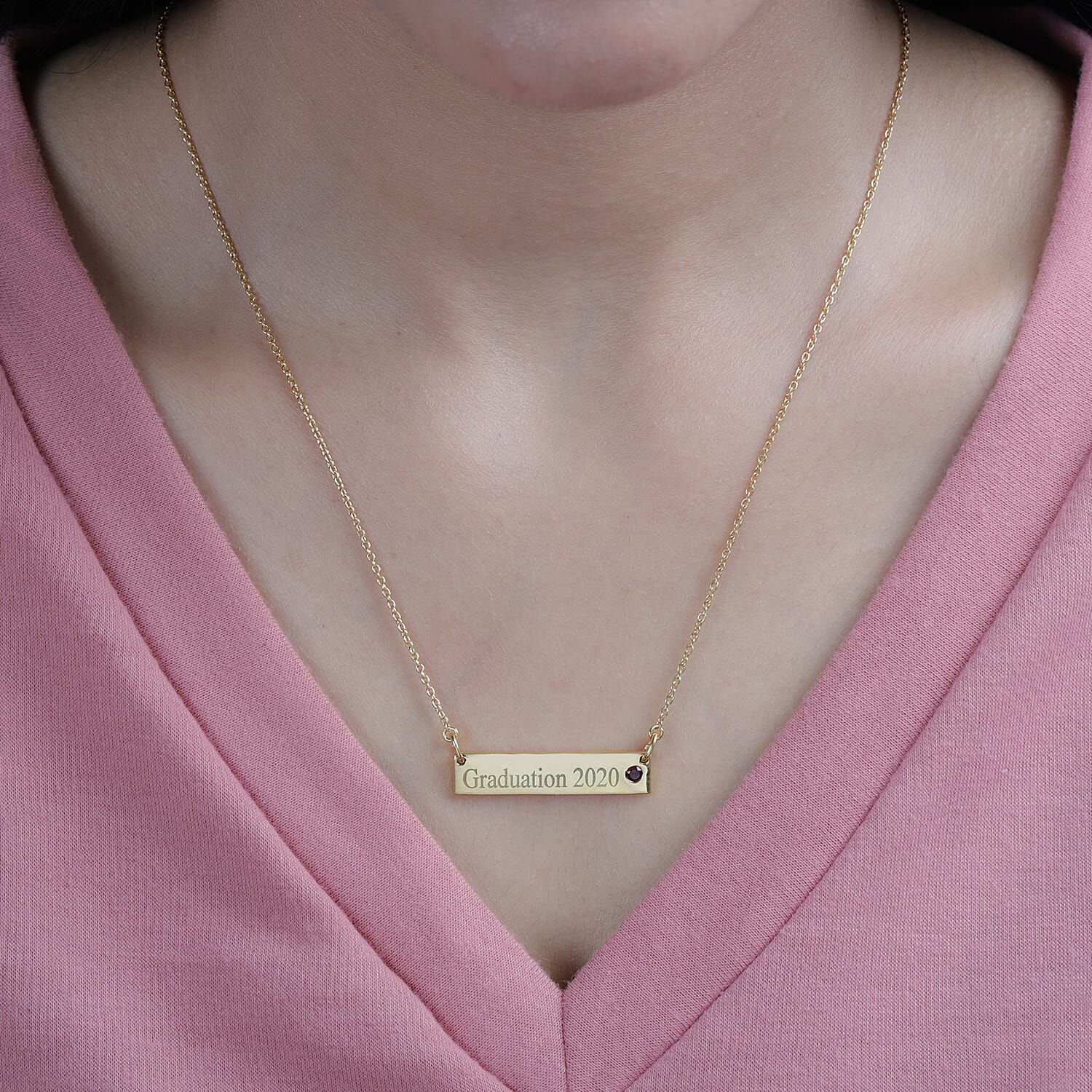 Personalised Engraved Name and Birthstone Necklace with Chain in Silver