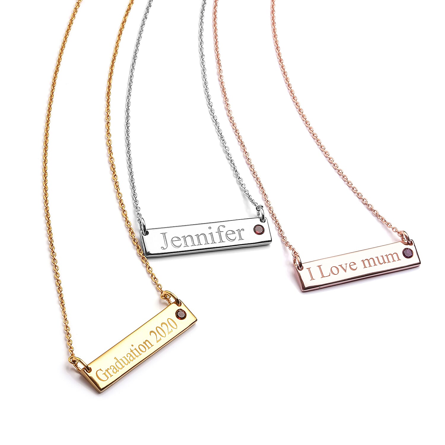 Personalised Engraved Name and Birthstone Necklace with Chain in Silver