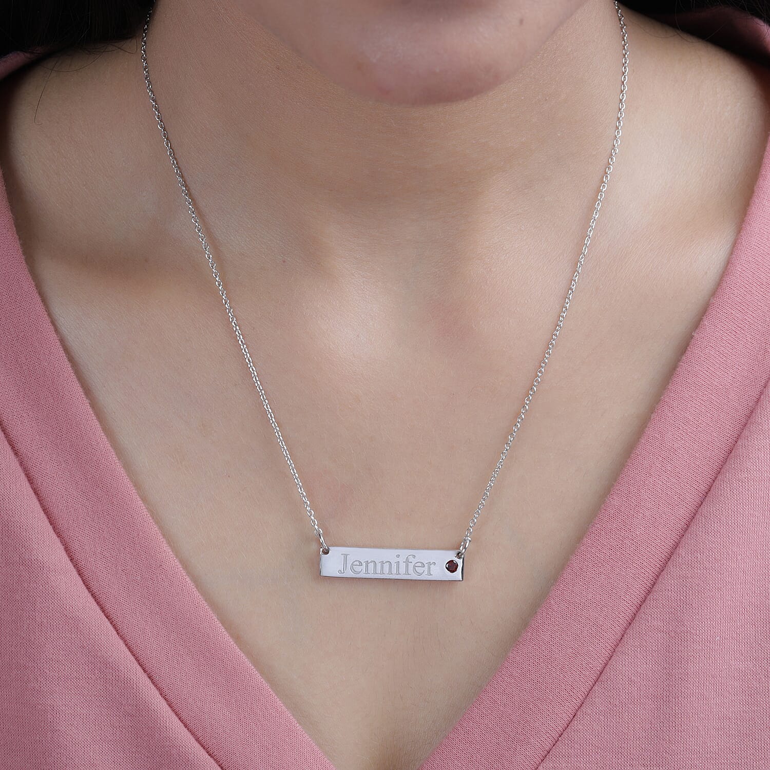 Personalised Engraved Name and Birthstone Necklace with Chain in Silver