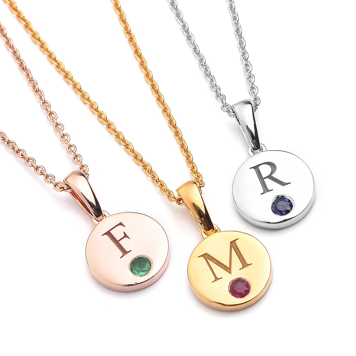 Personalised Initial Engraved and Birthstone Disc Pendant with Chain in Silver