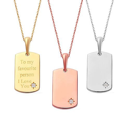 Personalised Engraved Diamond Dog Tag Pendant with Chain in Silver