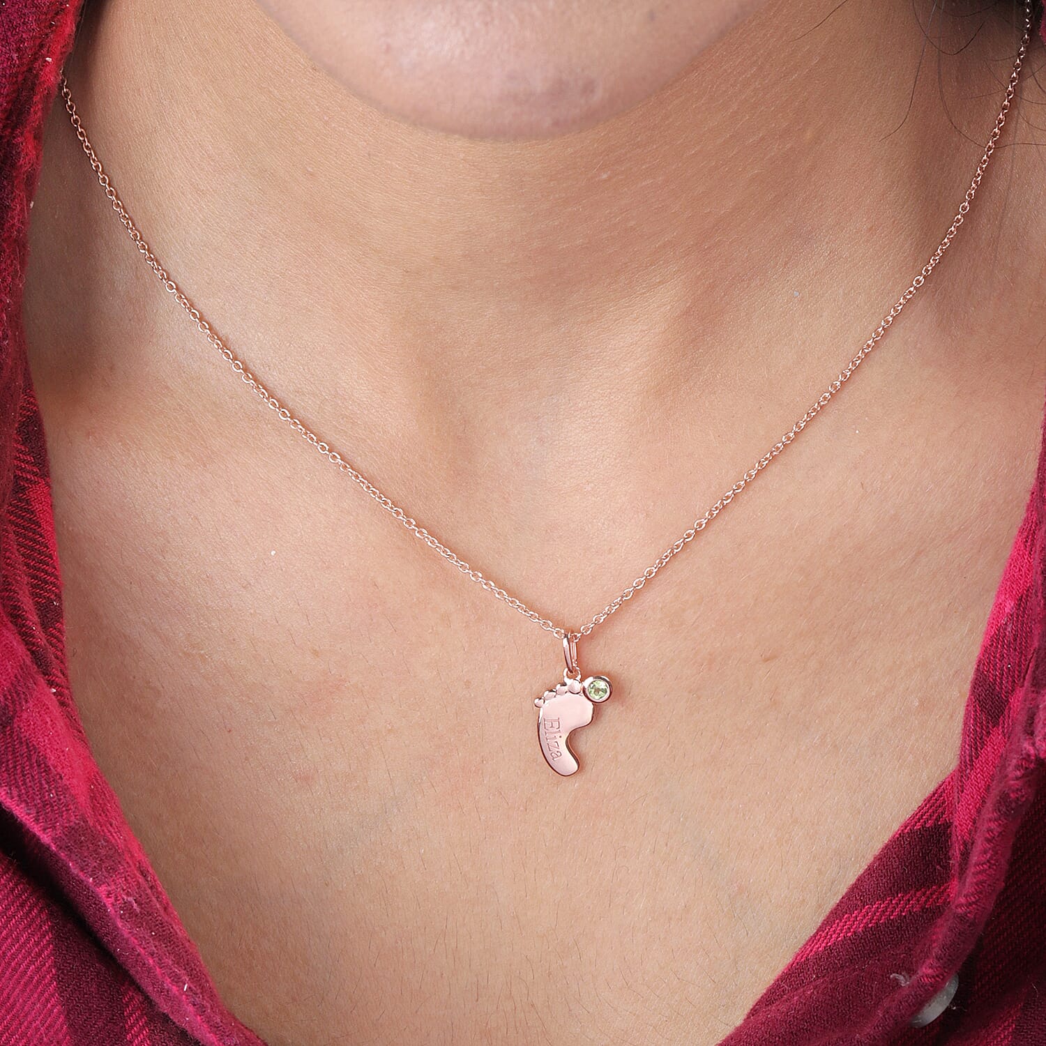 Personalised Baby Feet Birthstone and Name Pendant with Chain in Silver