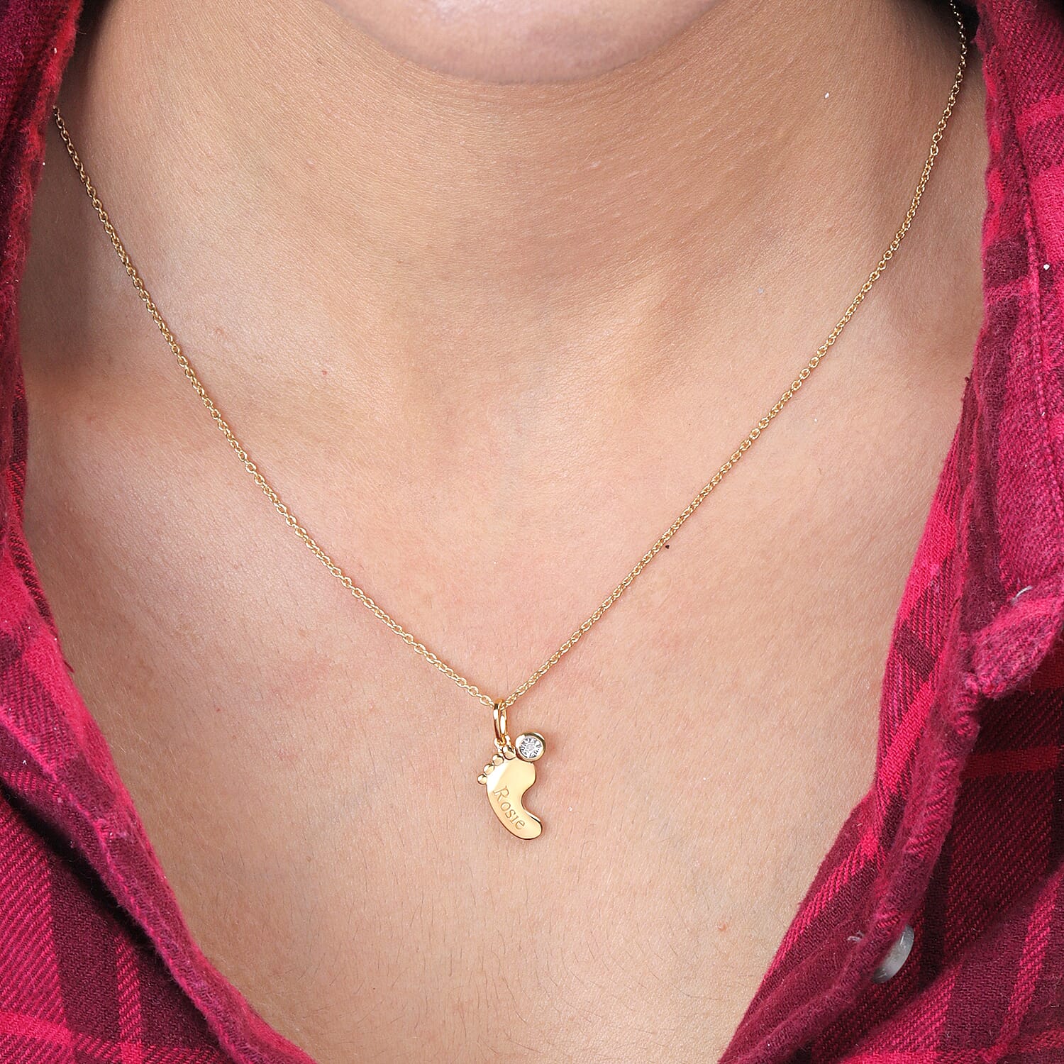 Personalised Baby Feet Birthstone and Name Pendant with Chain in Silver