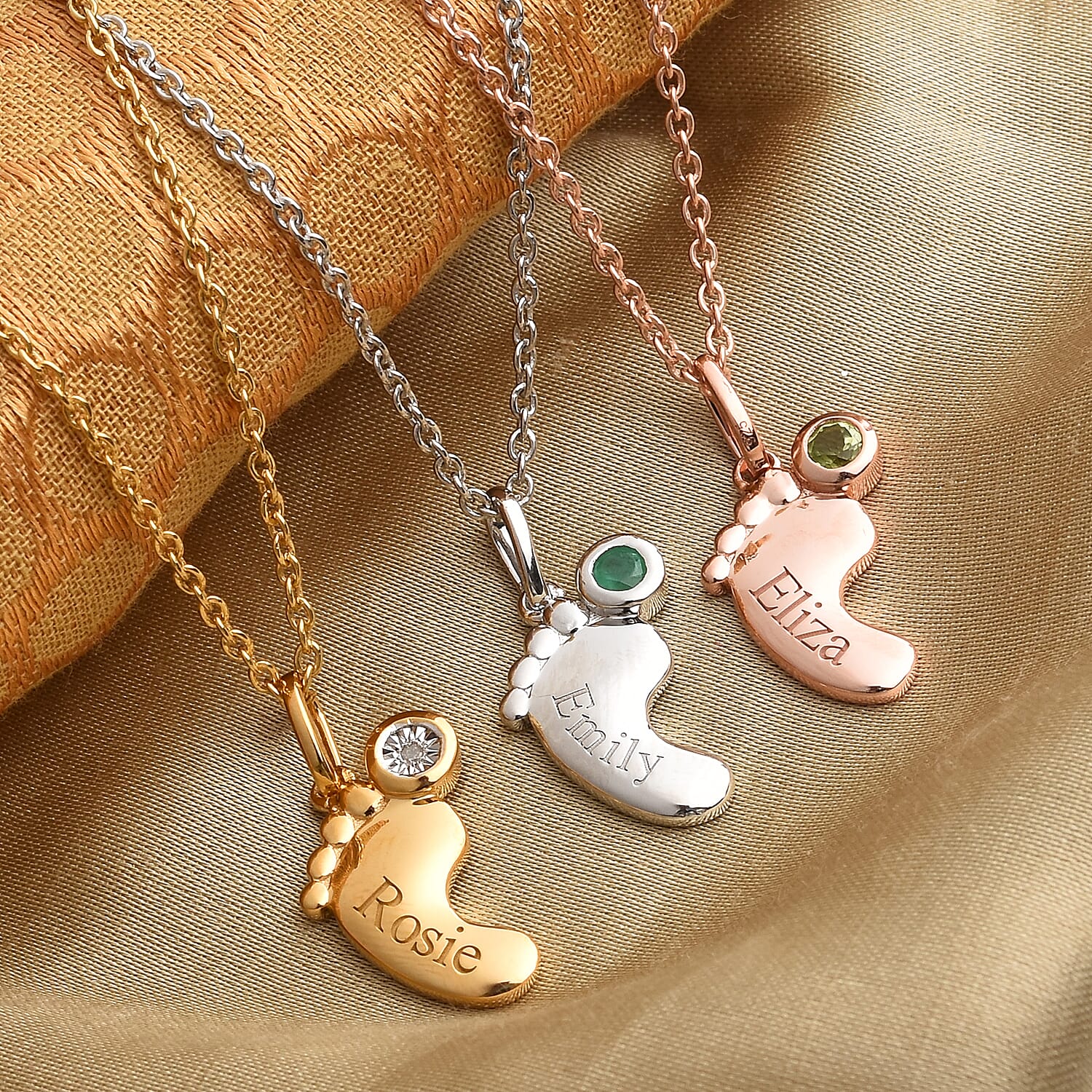 Personalised Baby Feet Birthstone and Name Pendant with Chain in Silver