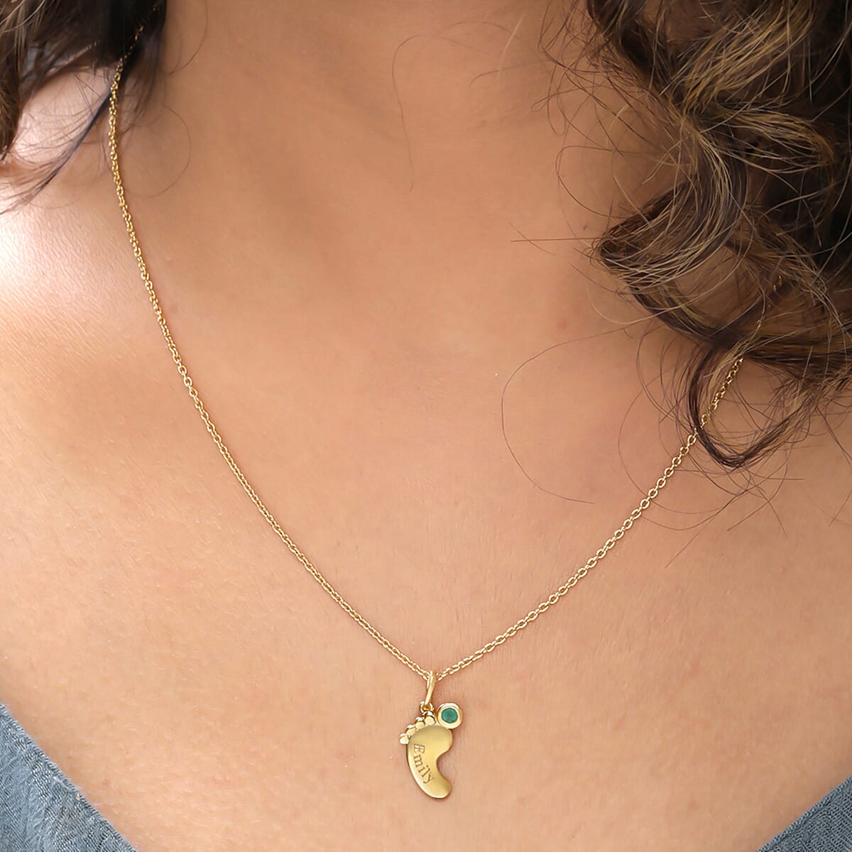 Personalised Baby Feet Birthstone and Name Pendant with Chain in Silver